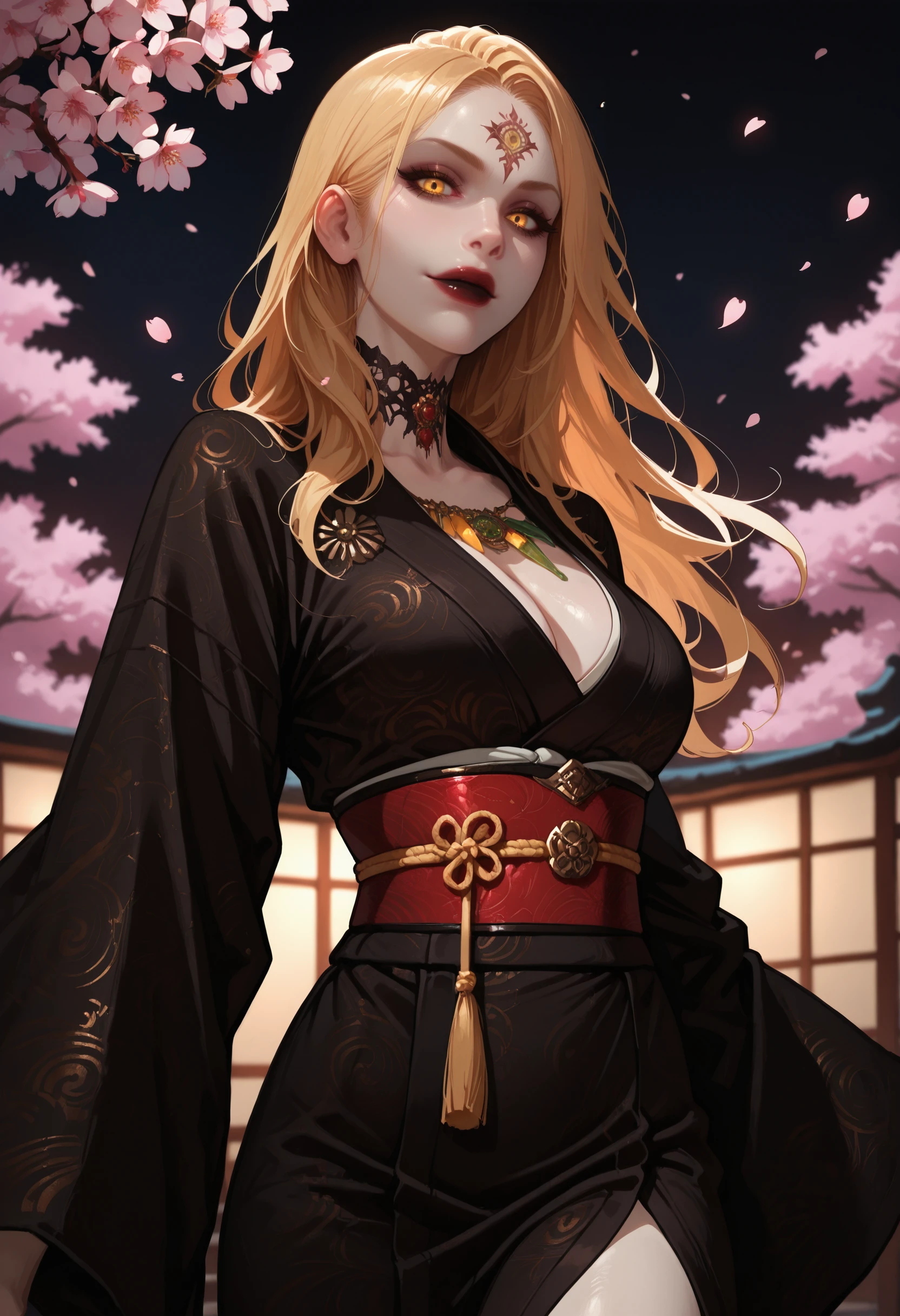 masterpiece, very aesthetic, best quality, absurdres, newest
<lora:ILREVDaniela:1.0>
REVDaniela, 1girl, blonde hair, long hair, pale skin, yellow eyes, forehead mark, looking at viewer, cowboy shot, at night, dynamic pose, wearing a red and black kimono, cherry blossoms, dark theme