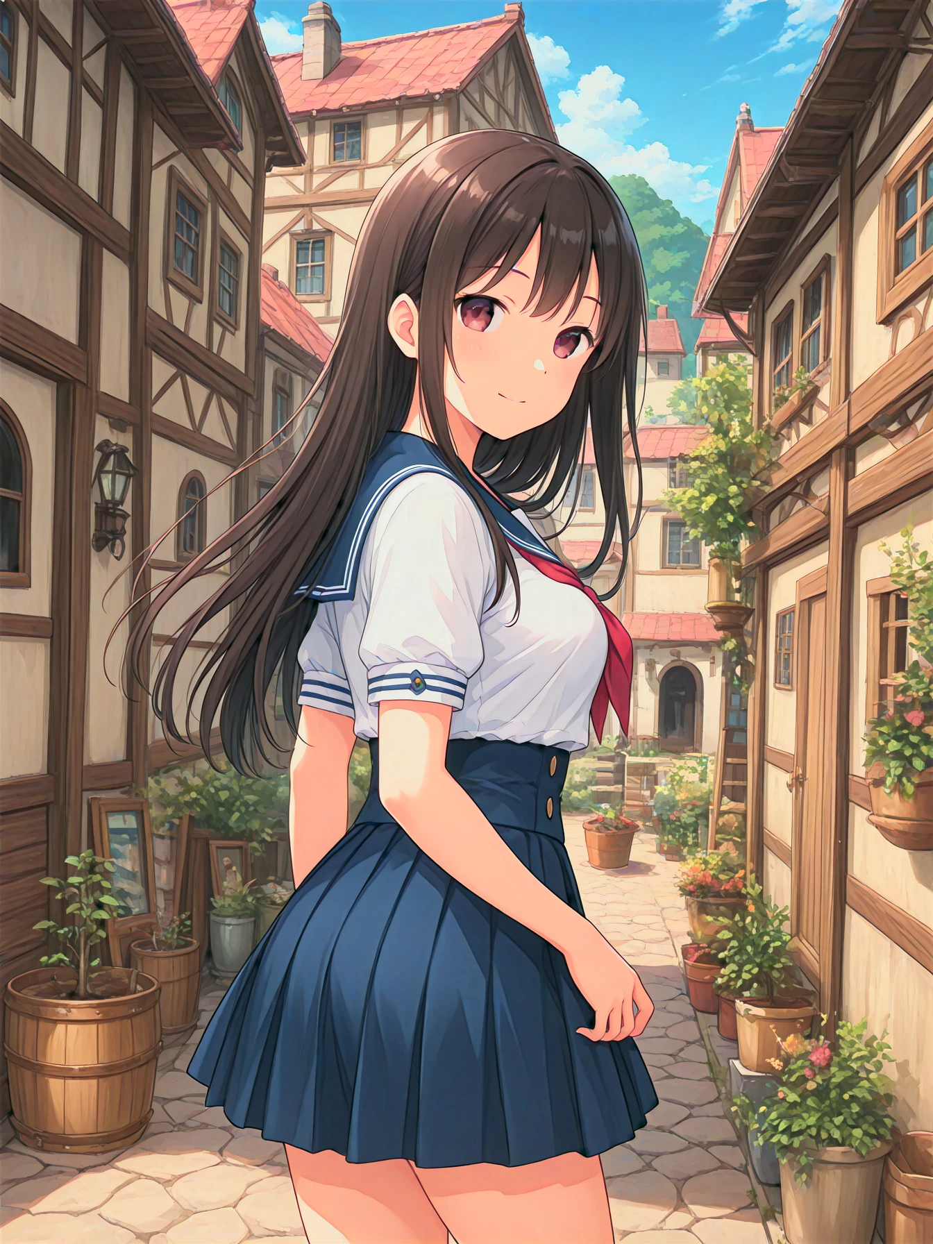 A girl in the village, daytime, thigh-up shot, tachi-e