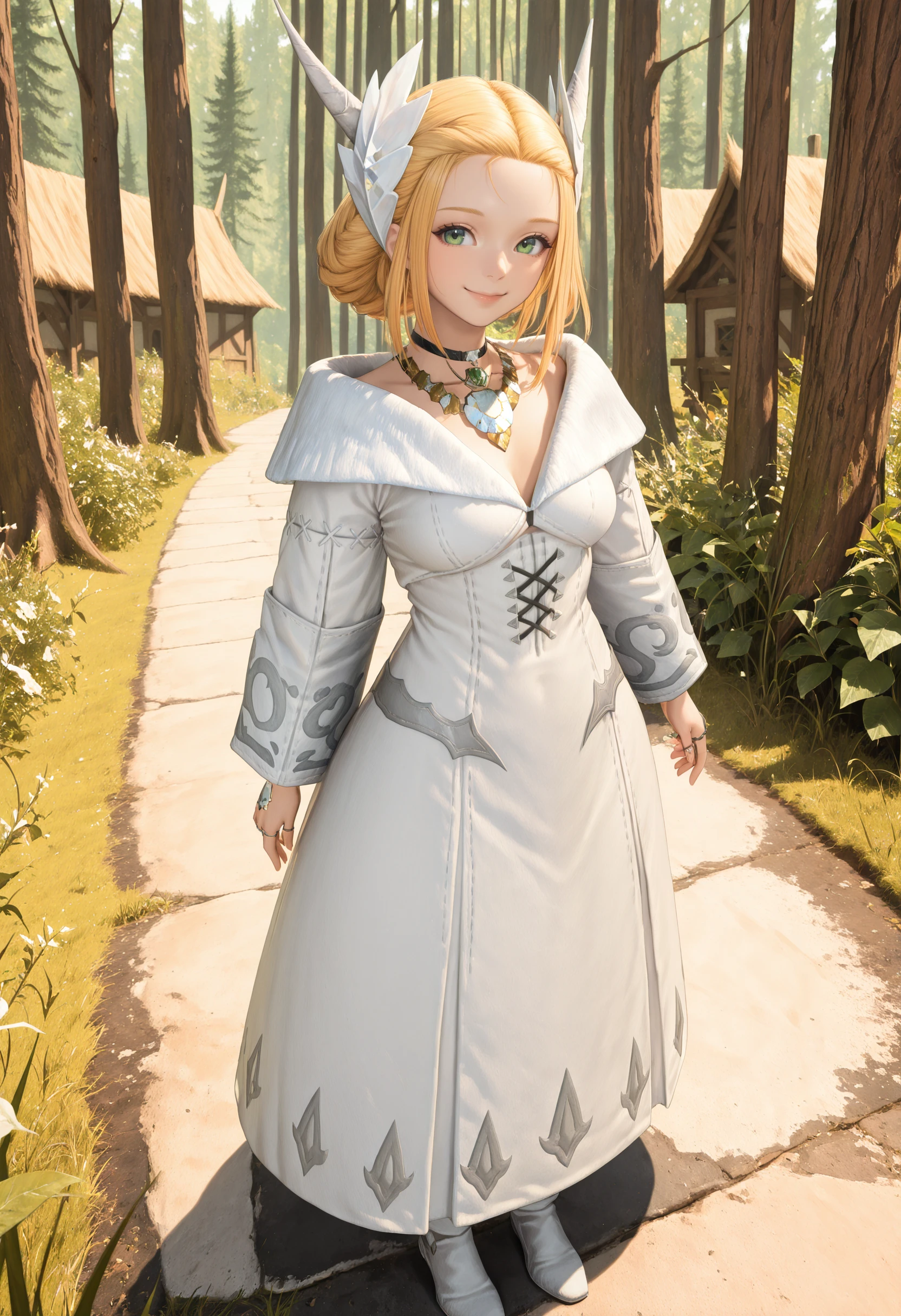 <lora:cfg_scale_boost:.7>,masterpiece, best quality, absurdres, highres, newest, full body,   looking at viewer,smile, 1girl, forest, village, fantasy, medium breasts, 
kane, blonde hair, medium hair,  green eyes, white horns, white ornament, hair ornament, black choker, necklace, ring, white capelet, white robe,
 <lora:Kan_E_Senna_IL:1>