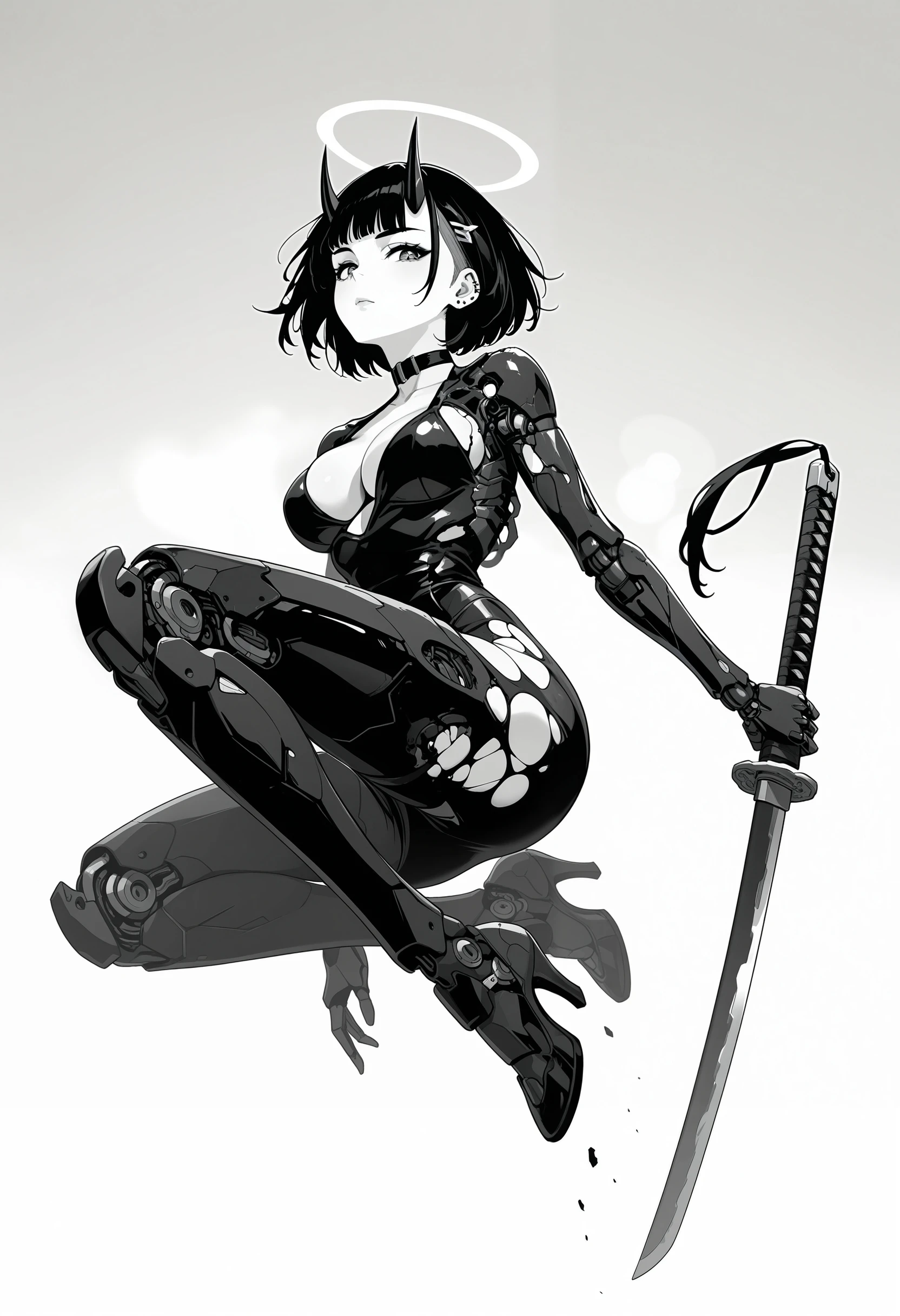 masterpiece, best quality, good quality, very aesthetic, absurdres, newest, 8K, depth of field, focused subject, 
in the style of ckncore, side view,  
1girl, horns, solo, halo, choker, damaged, breasts, undercut hair, jumping, midair, looking at viewer, monochrome, piercing, cleavage, robot dress, upper body, holding a katana, unsheating,