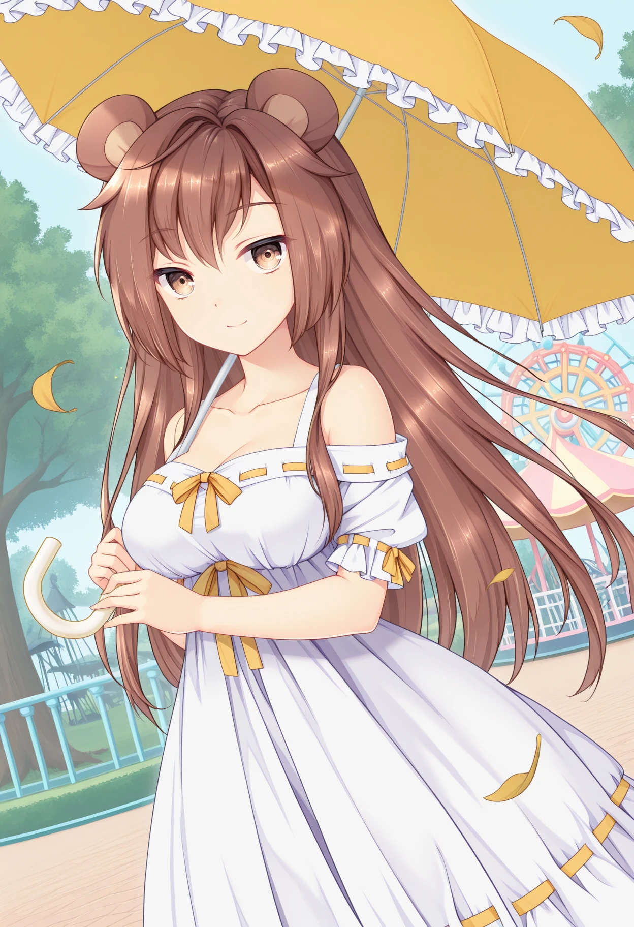 masterpiece, best quality, amazing quality, BREAK <lora:Puff:1> pifpuf, 1girl, brown eyes,brown hair, long hair,animal ears, white garment, medium breasts, puffy short sleeves, collarbone,off shoulder, bare shoulders, ribbon trim, frills, hair between eyes, yellow ribbon, long hair,holding umbrella,amusement park,tree,floating leaves,dutch angle,looking at viewer, smile