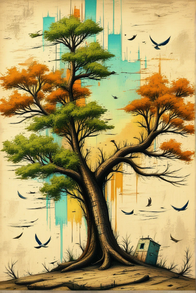 masterpiece,best quality,amazing quality,very aesthetic,absurdres,
<lora:CreateConcept_Pony:1>, createconcept, 1girl, solo, sitting, tree, bird, traditional media, building, surreal, in tree, abstract, digital painting \(artwork\), glitch art, artwork