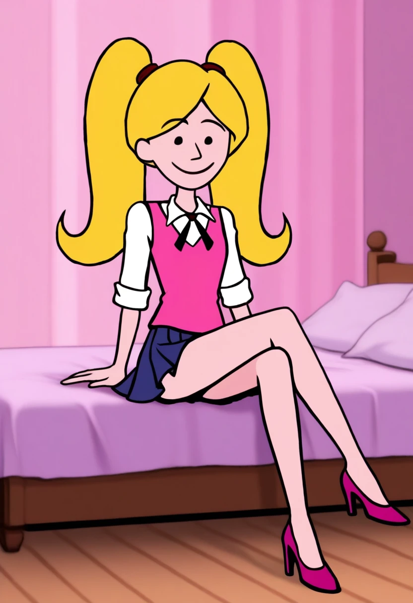 score_8, score_9,rating_explicit, sharon, 1 girl, solo, long hair, blonde hair, hairclip, braces, sitting on bed, indoors, girl bedroom, shy, seductive , open mouth, legs side, small breasts, nipples, pussy, anus, pussy juice,