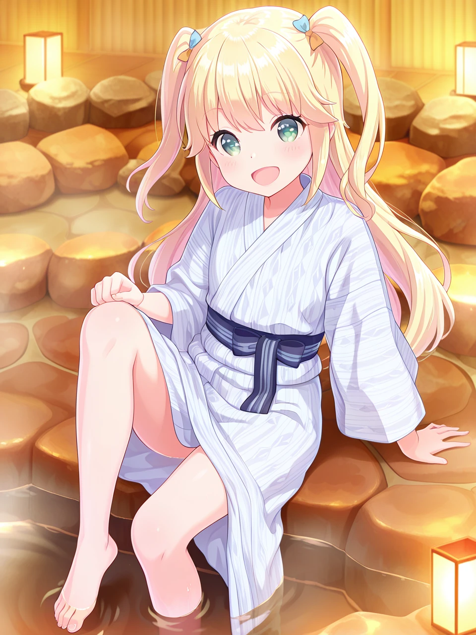 best quality, masterpiece, 1girl,solo,
18 years old girl, young girl,
dim light, rock,
spa, indoor, sitting on floor, foot in spa,
white yukata,
barefoot,
smile, open mouth,
yuzu and blonde hair and long hair and green eyes and two side up and eyebrows visible through hair and bangs,