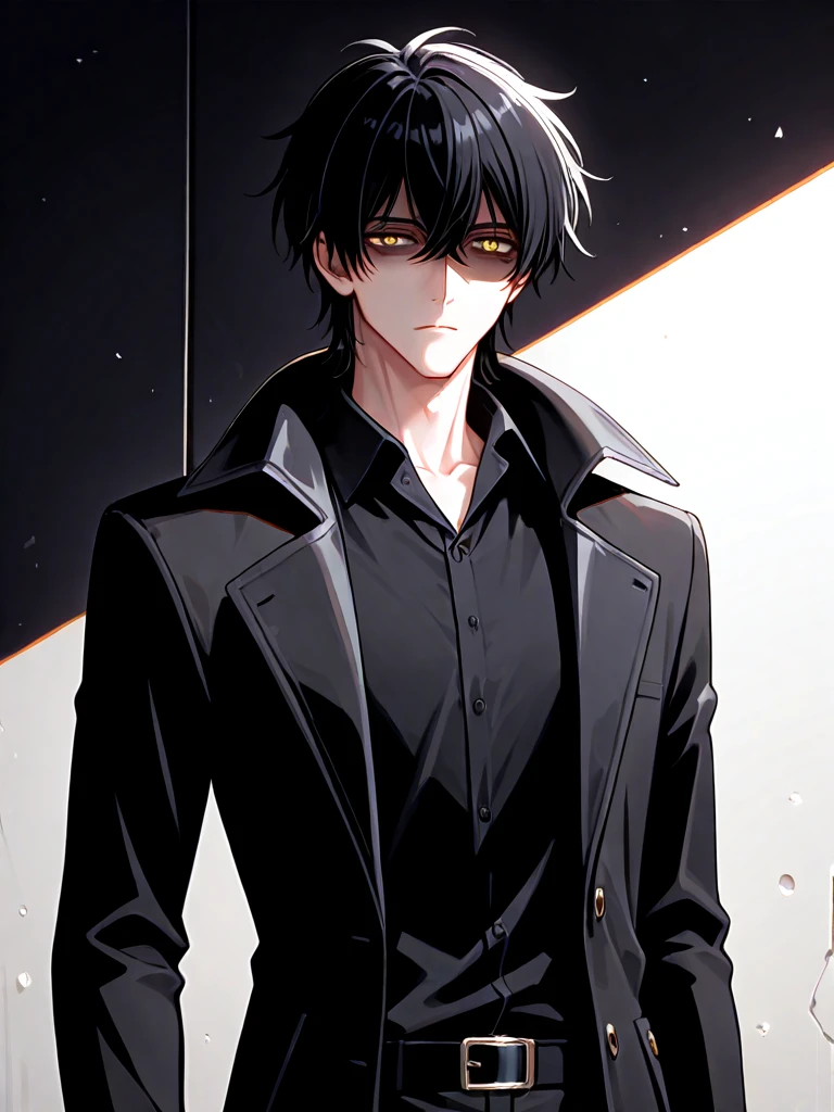 aged up, mature male, yodaka jun, expressionless, 1boy, shaded face, shaded eyes, male focus, yellow eyes, black hair, black shirt, collared shirt, black coat, long coat, skinny, <lora:YodakaJun&KamisakiHikaru(Medalist)_ilxl:1>