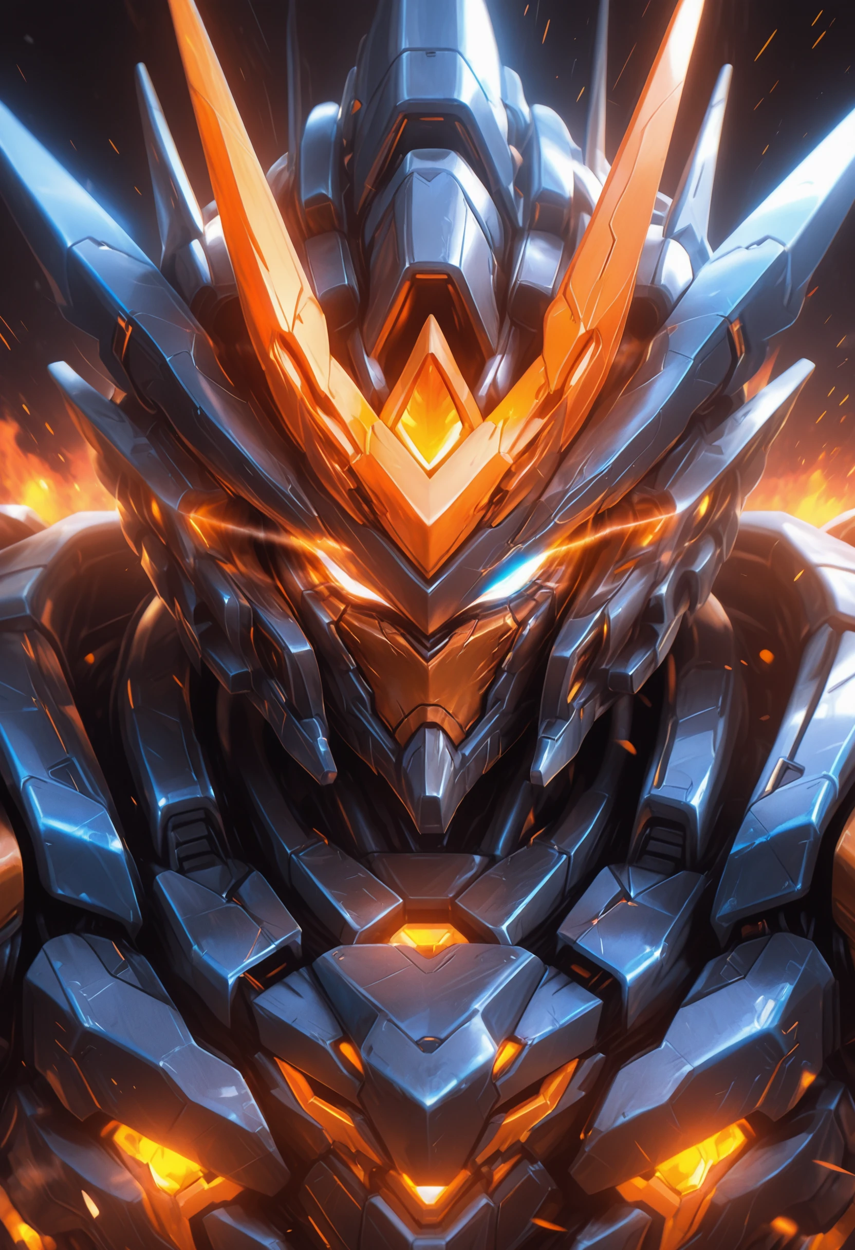 m1cha, mecha, robot, no humans, solo, straight-on, science fiction, looking at viewer, glowing, portrait, orange eyes, embers, glowing eyes, fire, v-fin, close-up, mobile suit, blue eyes, black background, red eyes, glowing eye, 1boy, sparks, super robot, upper body, looking down