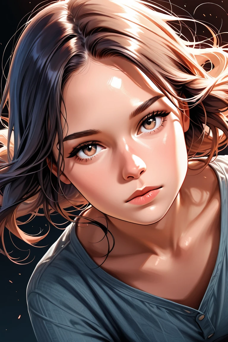vibrant-semirealistic official style focus, 1girl, expressionless, looking at viewer, looking at viewer, simple background, dynamic angle, dynamic action, dutch angle, masterpiece, best quality, amazing quality, very aesthetic, absurdres, newest, very awa