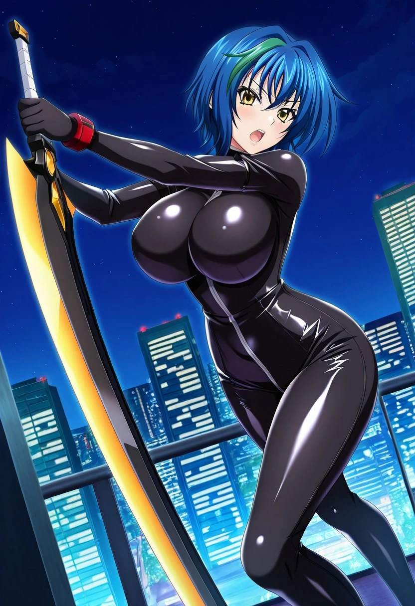 1girl,alone,xenovia quarta,masterpiece,short hair,multicolor hair,blue hair,green highlights,golden eyes,absurd,(intricate details),(colorful),cinematic lighting,bust shot, CG unity 8k wallpaper extremely detailed, standing, room, bedroom, large breasts, medium waist, wide hips, medium thighs, round butt, looking at viewer, from behind, pov(from below), slight smile, front view, elbow gloves, fingerless gloves, leotard, black latex suit, tight suit, neckline, choker, cross necklace,