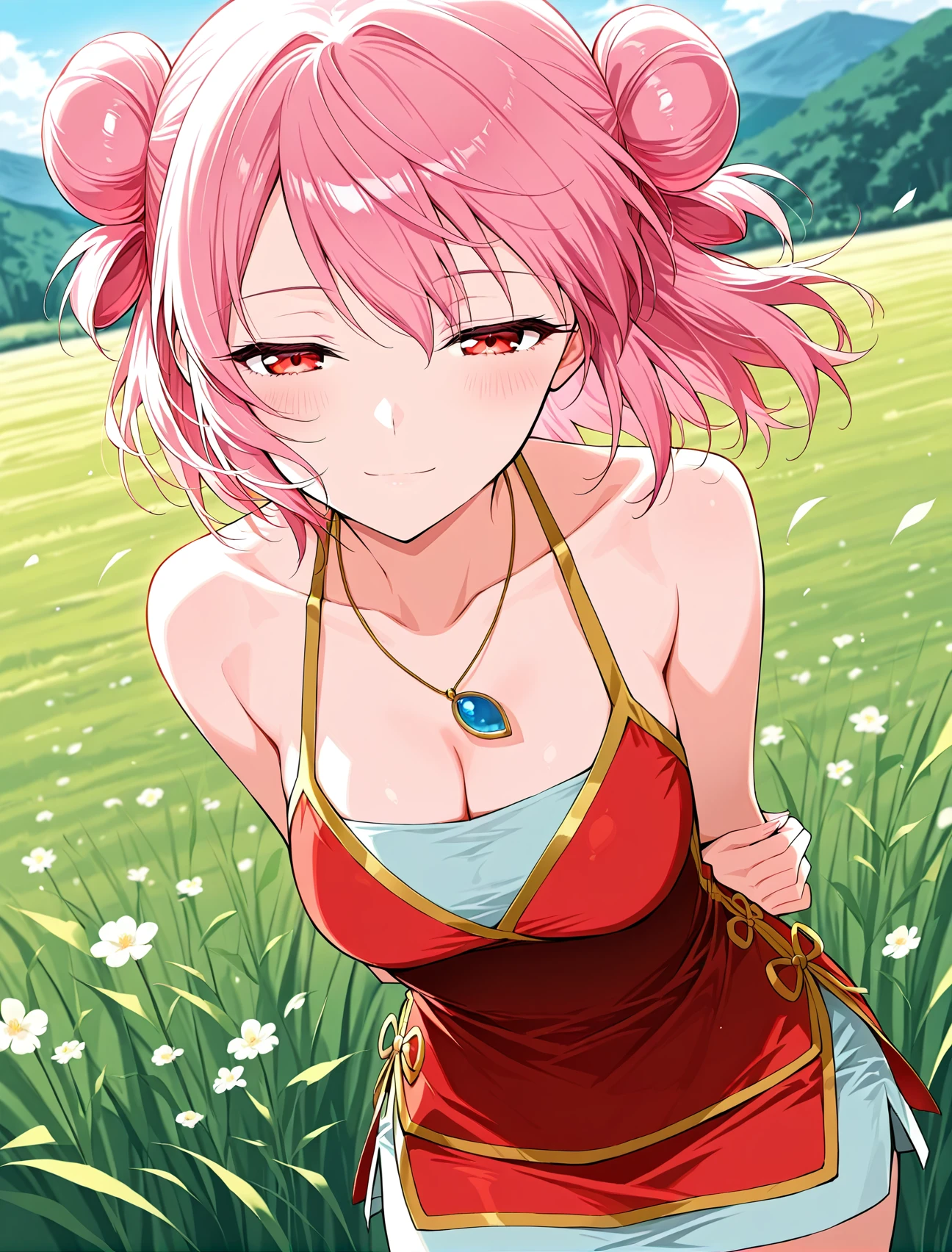 masterpiece, best quality,sharpness,absurdres ,1girl, haruno sakura,forehead mark, red hairband,sexy croptop,bracelet, looking at viewer, (arms behind head:1.1), smile,, middle large breasts,standing in a garden,arms behind back,closeup,only upperbody
