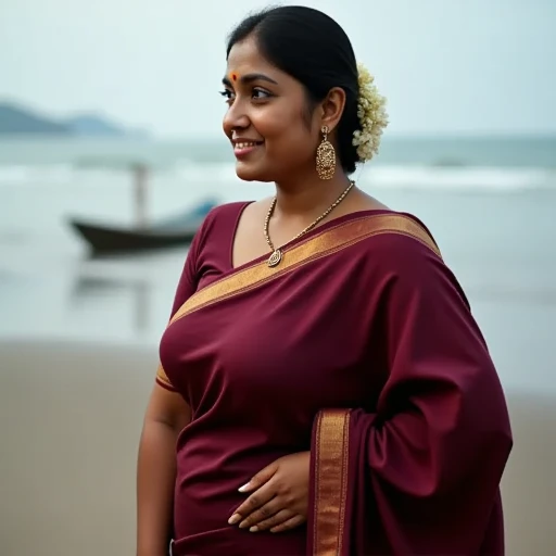 solo, a dusky-skinned voluptuous South Indian woman with expressive eyes like Silk Smitha, reflection, 1girl, bracelet, blurry, hair ornament, , beach, boat, dark skin, hand on hip, minimal makeup, wearing a deep maroon silk saree with gold border