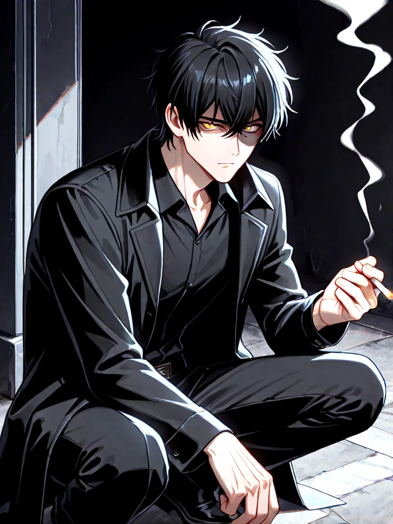 aged up, mature male, yodaka jun, expressionless, 1boy, shaded face, shaded eyes, male focus, yellow eyes, black hair, black shirt, collared shirt, black coat, long coat, tall male, skinny, serious, holding cigarette, smoke trail, squatting, <lora:YodakaJun&KamisakiHikaru(Medalist)_ilxl:1>