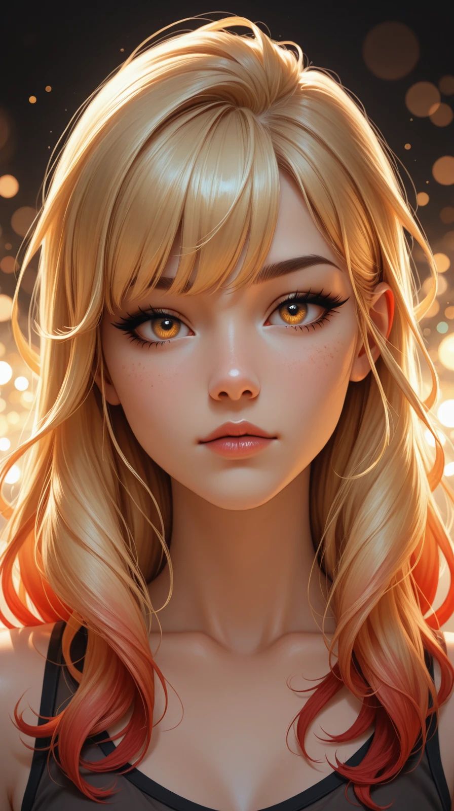 high_quality, highres, detailed, masterpiece, best quality, absurdres, close-up face, golden shimmer dust, abstract lights in bokeh, low contrast