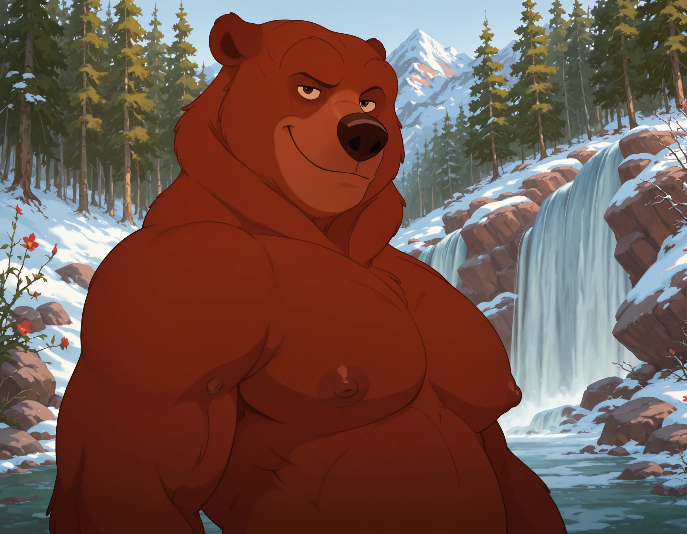 ultra-detailed, masterpiece, masterwork, high quality, best quality, hdr, (nature, night, waterfall), posted on e621, (by hioshiru), nsfw, male, solo, (brown body bear), hairy bear, (nude, chubby body), sitting, dynamic angle, ((micropenis, foreskin, perfect balls))