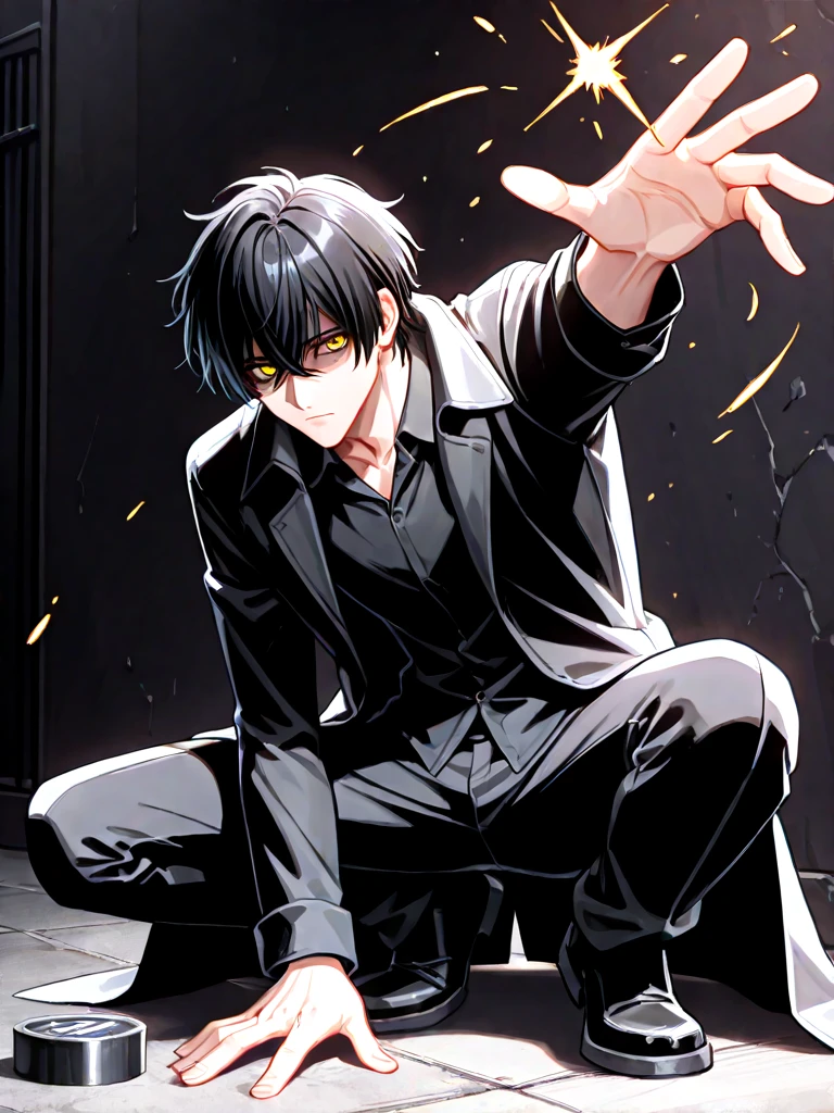 aged up, mature male, yodaka jun, expressionless, 1boy, shaded face, shaded eyes, male focus, yellow eyes, black hair, black shirt, collared shirt, black coat, long coat, skinny, squatting, throwing object, outstretched arm, arm up, open hand,<lora:YodakaJun&KamisakiHikaru(Medalist)_ilxl:1>