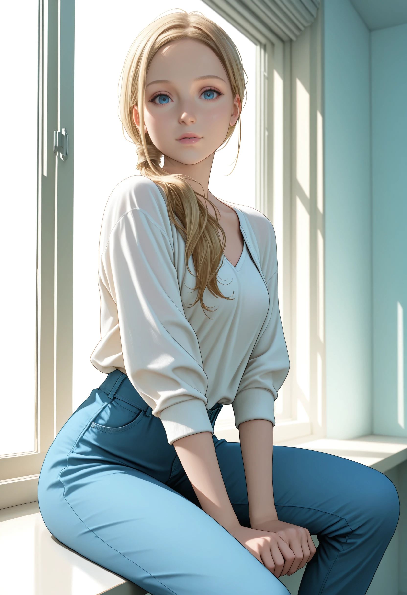 masterpiece, very aesthetic, best quality, absurdres, newest
<lora:ILREAnnette:1.0>
REAnnette, 1girl, blonde hair, blue eyes, long hair, ponytail, hair over shoulder, looking at viewer, sitting on a window sill, soft light, dynamic pose, sun rays
