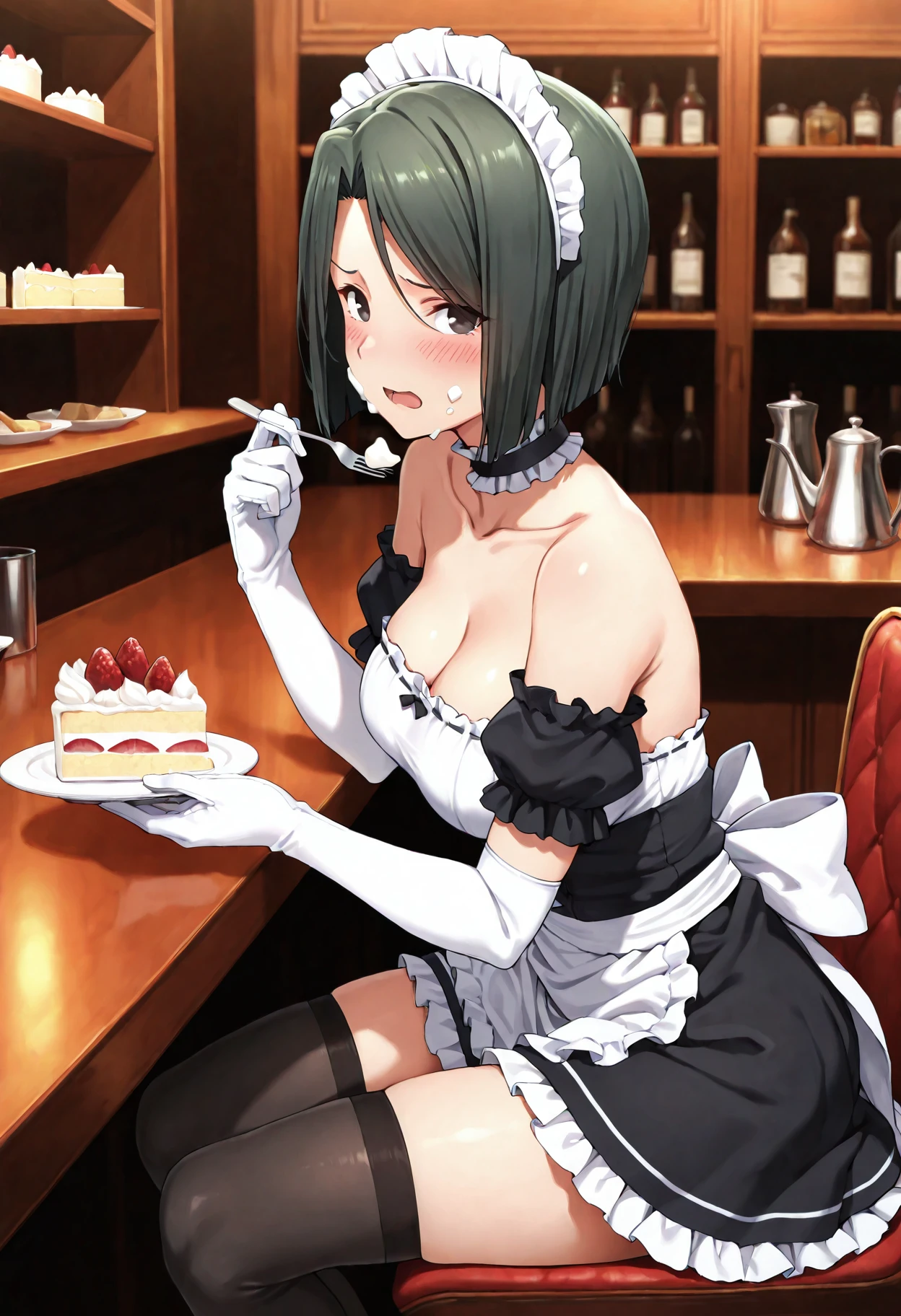 open mouth, 1girl, solo,  maid, detached sleeves, frilled sleeves, bare shoulders, miniskirt,, bar, blush,  looking at viewer,short sleeves,  elbow gloves, thighhighs, dress ,,maid headdress,    holding fork,    breasts,, collarbone,   frilled choker,  ,     , , 1girl, solo, sitting, cream on face,  sitting,embarrassed,   from side,1girl, solo, maiya, black hair, black eyes, bob cut, frilled skirt,  <lora:maiya_ill:1>,cake, masterpiece,best quality, , high quality, good quality, very aesthetic,absurdres,