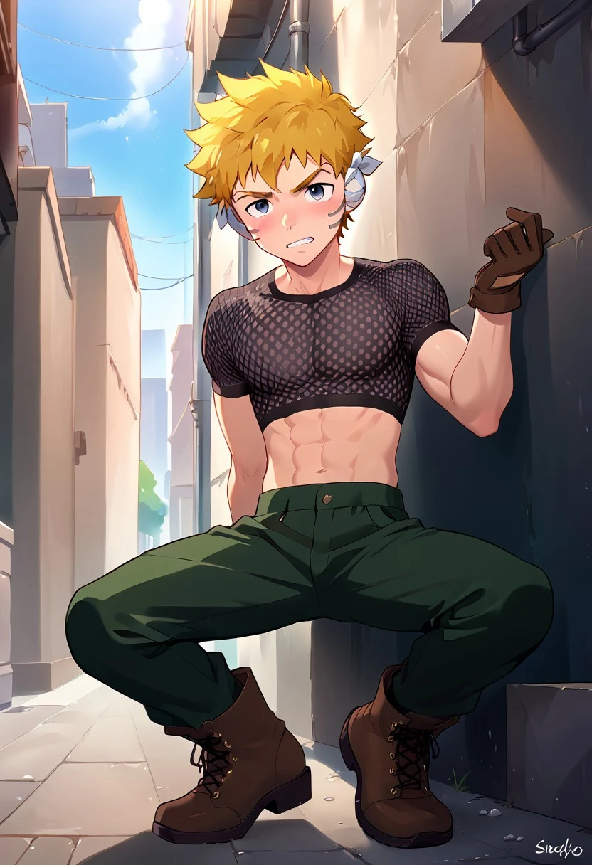 Glaudio, yellow hair, grey eyes, fair skin, athletic body, lines on cheeks, bandaged ears, green baggy pants, brown boots, brown gloves, mischievous, playful, spiky hair, messy hair, 1boy, boy, solo, score_9, score_8_up, score_7_up, highly detailed, male focus, front view, full body, easynegative, city, alley, dynamic poses, fishnet top,