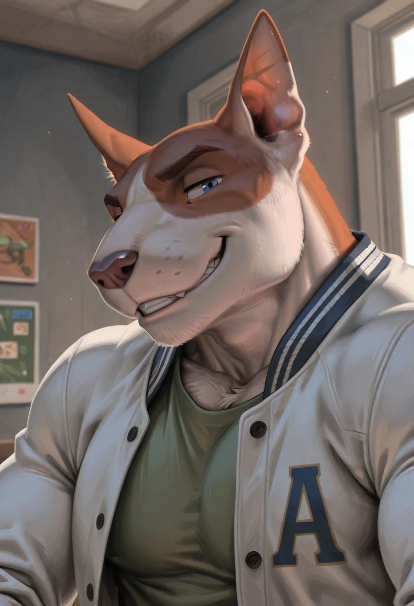 <lora:Dan_Meeshv1:0.9>, Dan, solo, meesh, bull terrier, furry, tail, grin, orange fur, two-tone fur, white fur, blue eyes, muscular, bara, manly, mature, large pectorals, face focus, portrait, dynamic angle, green shirt, letterman jacket, open jacket, BREAK masterpiece, best quality, amazing quality, very aesthetic, high resolution, 4K, extremely-detailed, depth of field, separate focus, newest, scenery, detailed fur, detailed muscles, cinematic lighting
