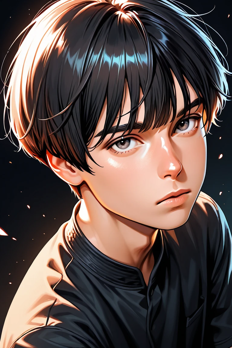 vibrant-semirealistic official style focus, bowl cut, bangs, 1boy, expressionless, looking at viewer, looking at viewer, simple background, dynamic angle, dynamic action, dutch angle, masterpiece, best quality, amazing quality, very aesthetic, absurdres, newest, very awa