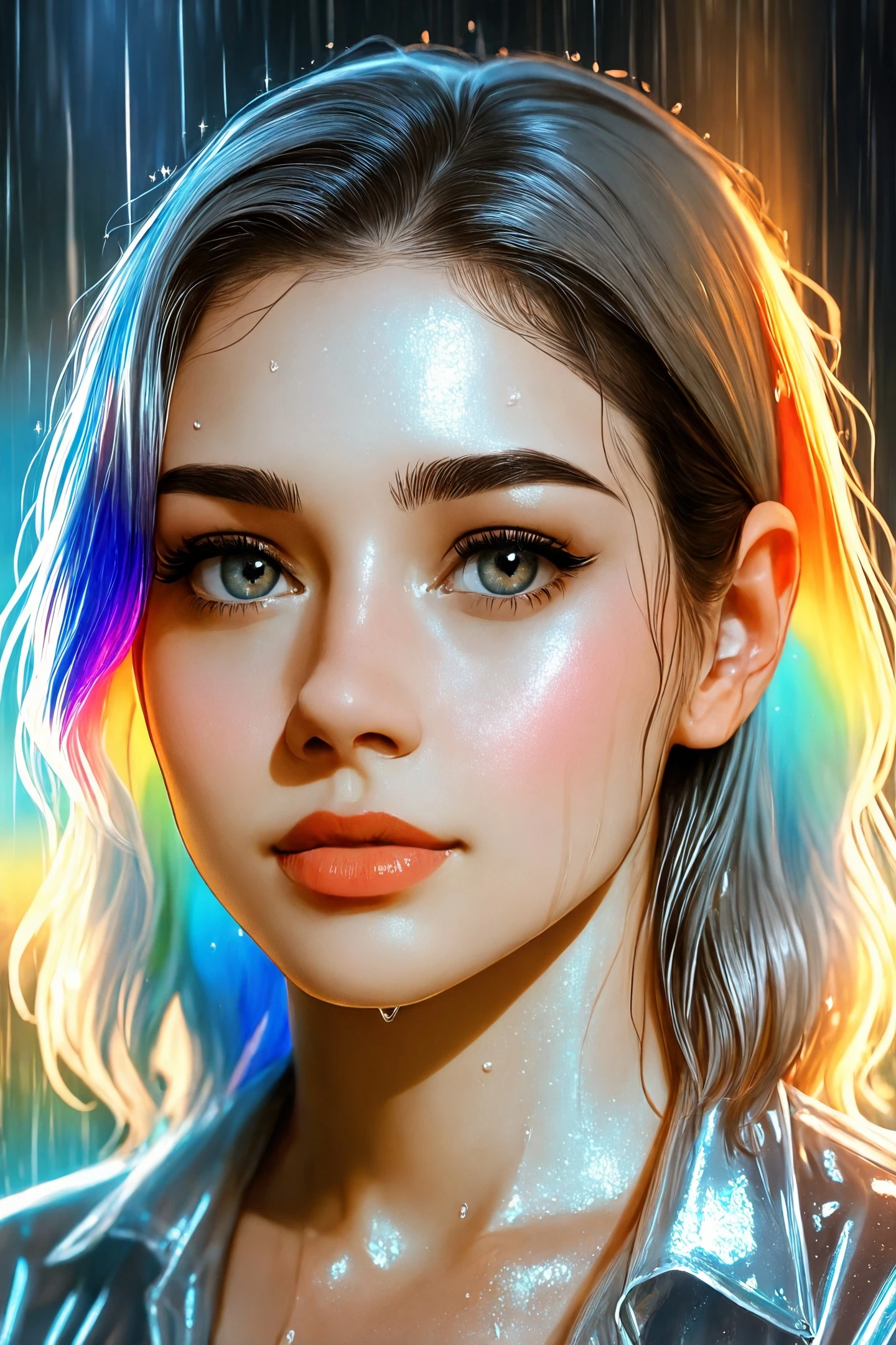 Rainlight Moments
Mid-shots of women in rain with wet hair, glistening skin, reflective surfaces, and diffused gray-blue lighting.
rainbow colors, real life