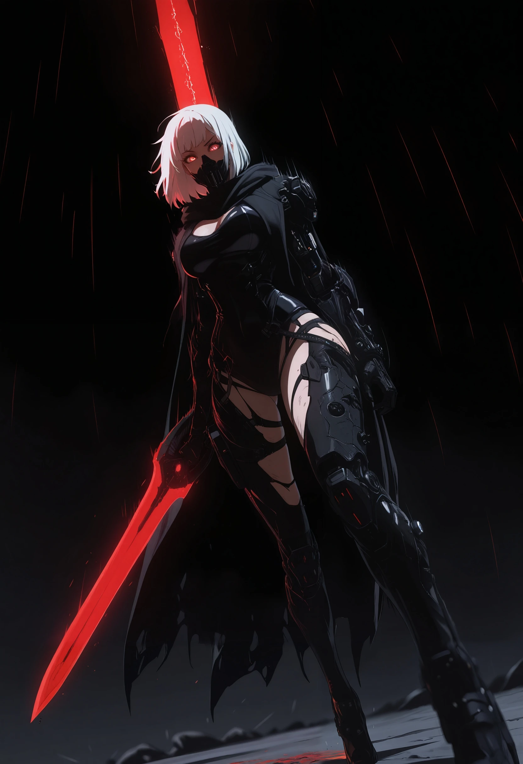 masterpiece, best quality, good quality, very aesthetic, absurdres, newest, 8K, depth of field, focused subject,
in the style of ckncore, dynamic angle, action shot,
1girl, beast, cloak, damaged, dark theme, gritty, science fiction, punk, holding and wielding enormous glowing sci-fi sword, big blade, motion lines