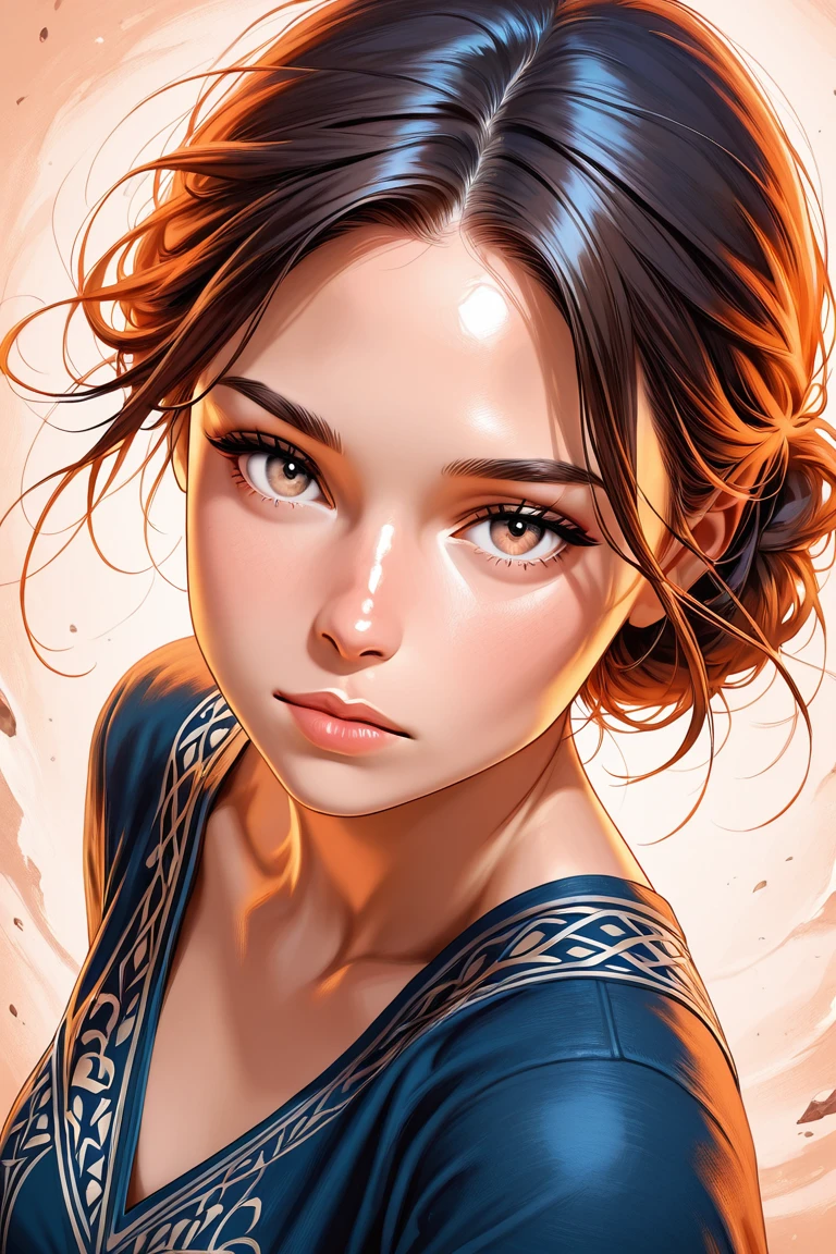 vibrant-semirealistic official style focus, 1girl, expressionless, looking at viewer, looking at viewer, simple background, dynamic angle, dynamic action, dutch angle, masterpiece, best quality, amazing quality, very aesthetic, absurdres, newest, very awa