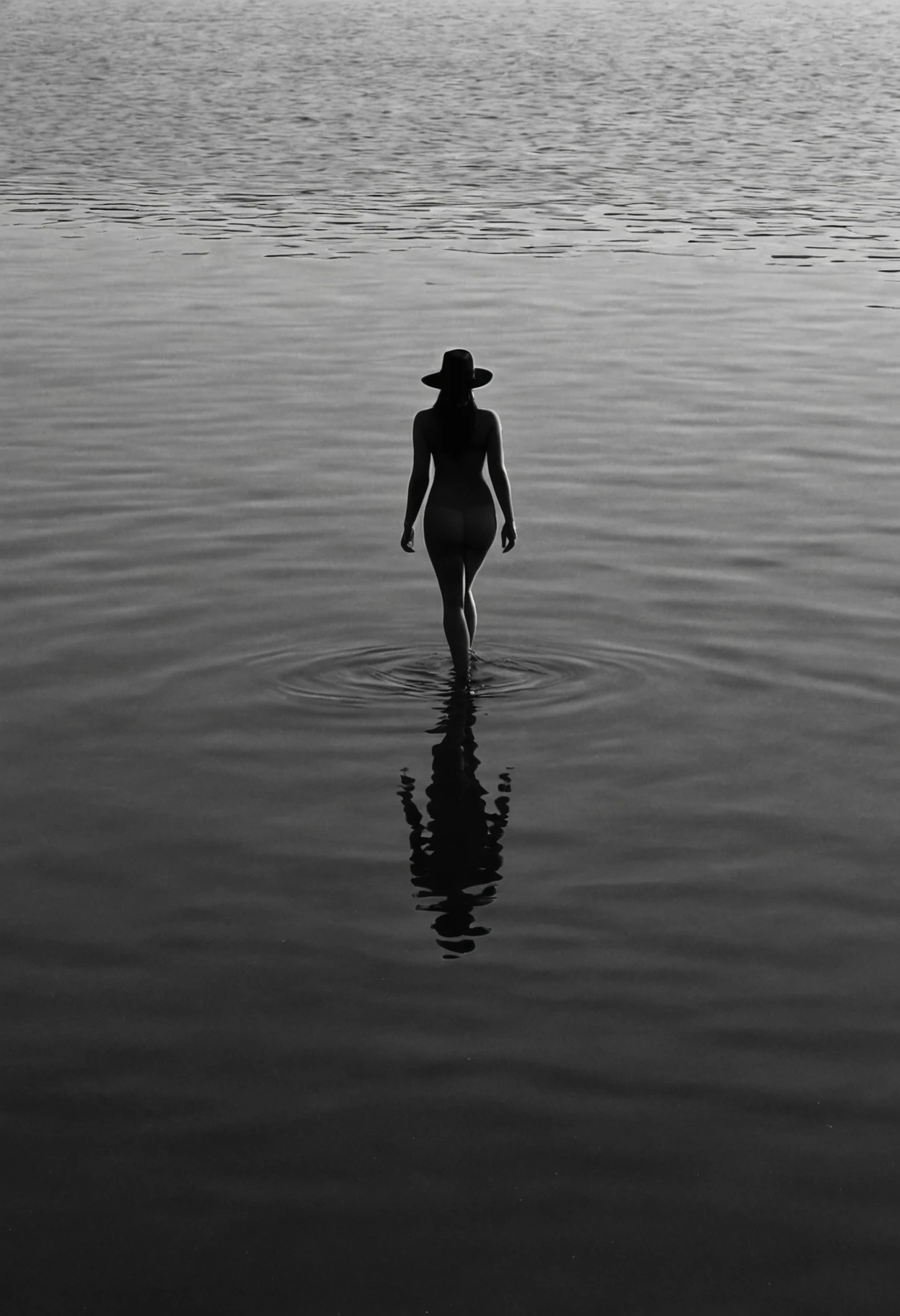 reflection of a person with hat:1.3) walking on (still water:1.4), (black and white composition:1.5), (realistic image:1.4), (image consists of water only:1.2), subtle grain in post-processing, serene atmosphere, minimalist aesthetic.