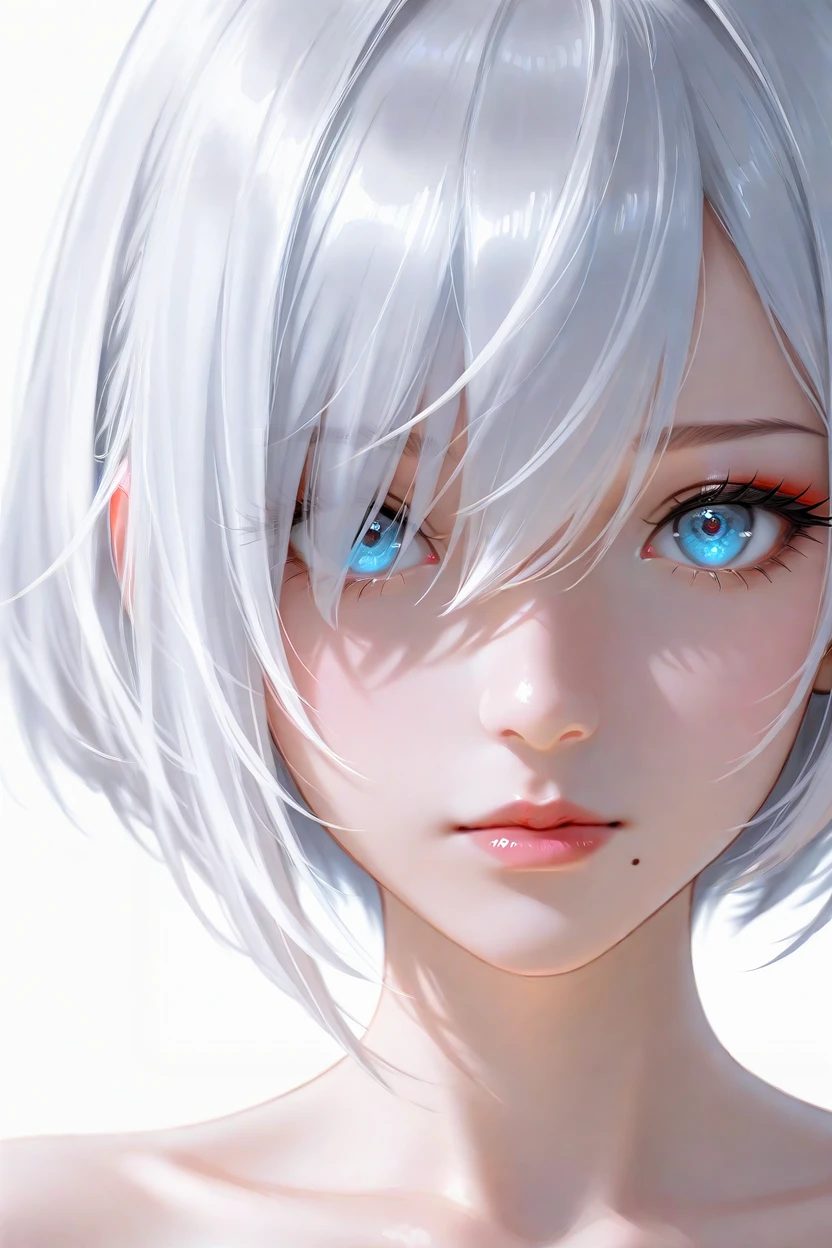 <lora:whsConceptArt1llust:0.8>,digitalart,expressive,visible brushwork,digital brush,painterly,brush strokes,
masterpiece,best quality,artistic composition,aesthetic design,beautiful_detailed_eyes,-, 1girl, mole under mouth, solo, mole, blue eyes, white hair, yorha no. 2 type b, eyelashes, portrait, looking at viewer, no blindfold, short hair, glowing, lips, close-up, hair between eyes, hair over one eye, closed mouth, bangs, makeup