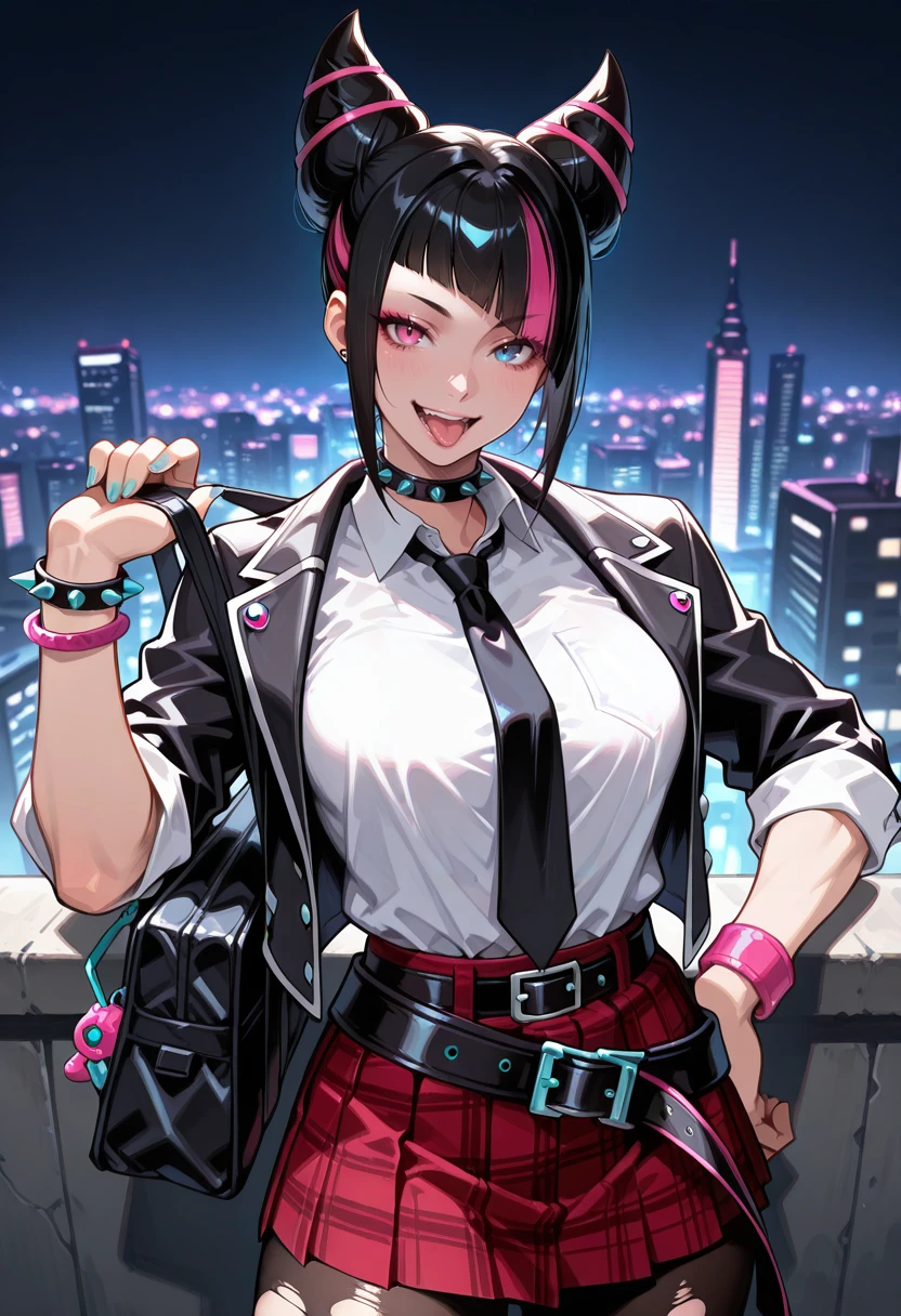 masterpiece, best quality, newest, absurdres, highres ,<lora:JuriHanIllustrious:0.9>, SF6JHAN, hair horns, black hair, diagonal bangs, streaked hair, spiked choker, black blazer, open jacket, white collared shirt, black necktie, red plaid skirt, torn pantyhose, sleeves rolled up, multiple bracelets, hand on own hip, school bag, seductive smile, open mouth, tongue, night, cityscape, looking at viewer, 1girl, solo, multiple belts, black belts, heterochromia, blue eyes, pink eyes, blue eyes, close up, upper body,