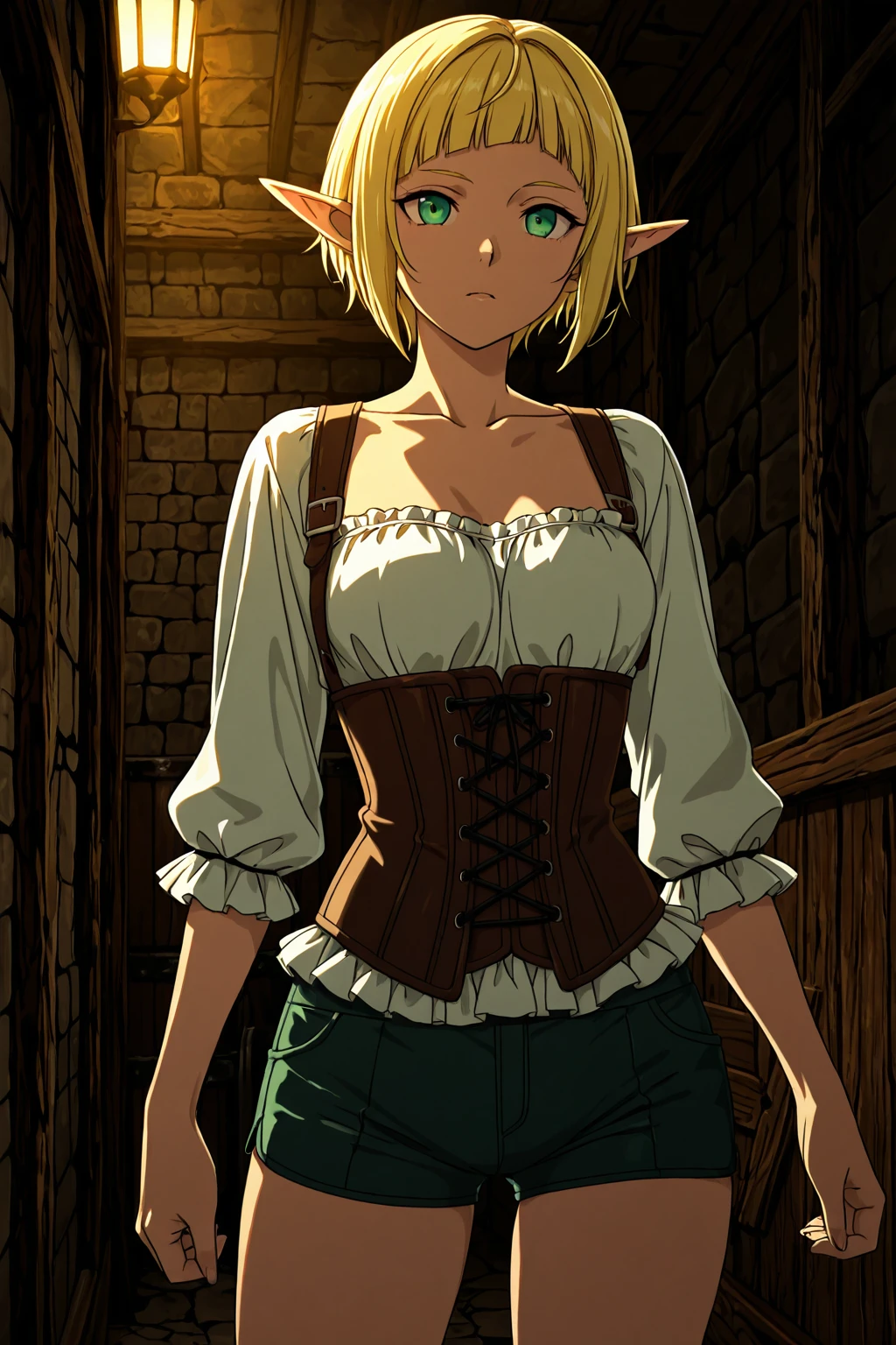 2020s Anime Screenshot, anime coloring, best quality, absurdres, masterpiece, hdr, dynamic cool Lighting, ,  female elf, blonde colored razor cut hair hair, corset, boyshorts, basement, fantasy