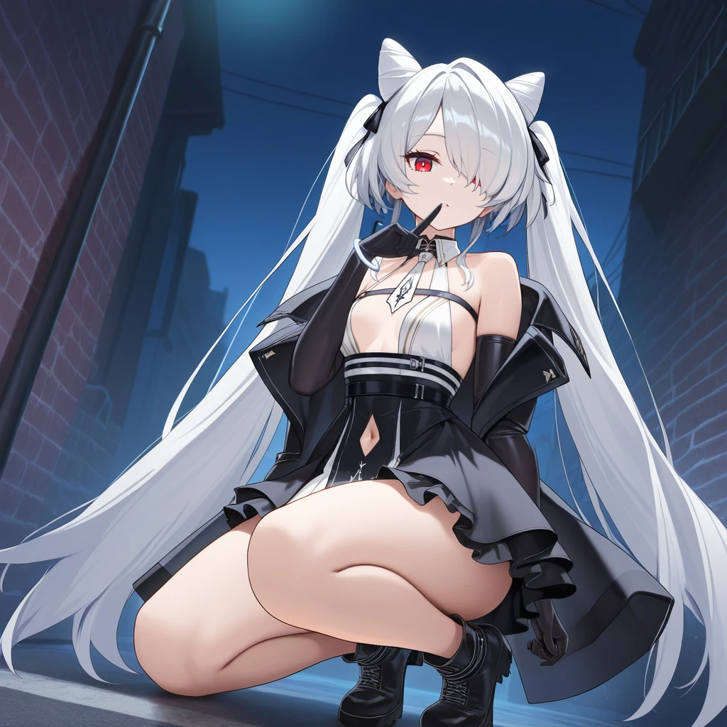 one person、Dull silver hair、long hair、red eyes、The white border is black、Describe the whole body、The clothes have slits from the sides to the waist.、Stinking eyes、Ahoge、black hot pants、hide one's mouth with a high collar