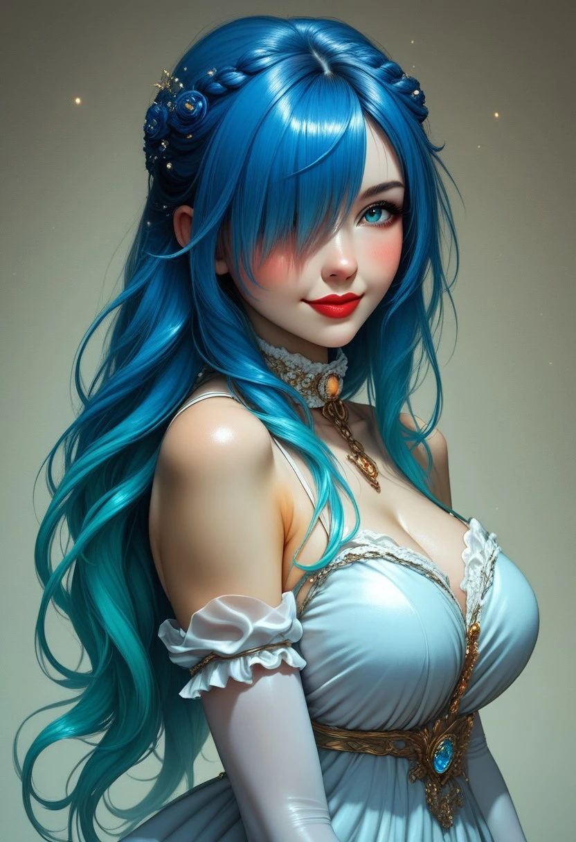 a close up of a woman with blue hair and a necklace, deviantart artstation cgscosiety, style artgerm, ig model | artgerm, artgerm. anime illustration, artgerm portrait, fantasy art portrait, cgsociety portrait, realistic digital art 4 k, realistic digital art 4k, 8k artgerm bokeh