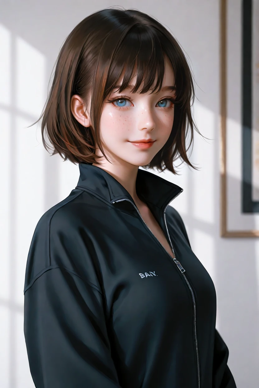 <lora:whsConceptArt1llust:0.8>,digitalart,expressive,visible brushwork,digital brush,painterly,brush strokes,
masterpiece,best quality,artistic composition,aesthetic design,beautiful_detailed_eyes,-, solo, 1girl, brown hair, short hair, blue eyes, jacket, looking at viewer, realistic, smile, upper body, lips, bangs, closed mouth, freckles, zipper, black jacket, mole