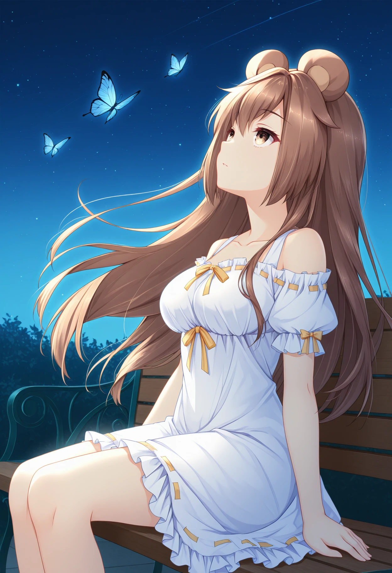 masterpiece, best quality, amazing quality, BREAK <lora:Puff:1> pifpuf, 1girl, brown hair,long hair, animal ears, bear ears, brown eyes, medium breasts,white garment, puffy short sleeves, collarbone, off shoulder, bare shoulders, ribbon trim, frills, hair between eyes, yellow ribbon,night,starry sky,sitting, bench,nothern lights,from side,looking up,wind,blue butterflies, glowing butterflies