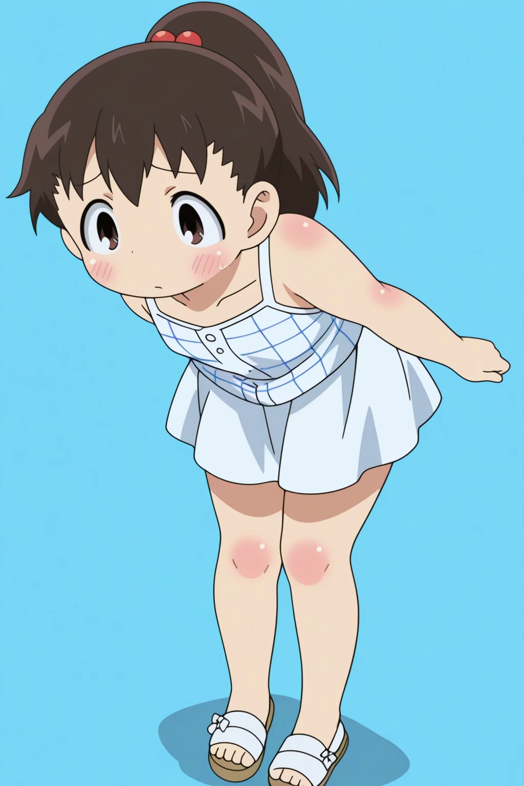 score_9, score_8_up, score_8, source_anime, 1girl, (solo), chibi, short hair, topknot, short twintails, dark red hair, red hair bobbles, hair ornament, brown eyes, blush, (completely nude:1.2),niplles,pussy,