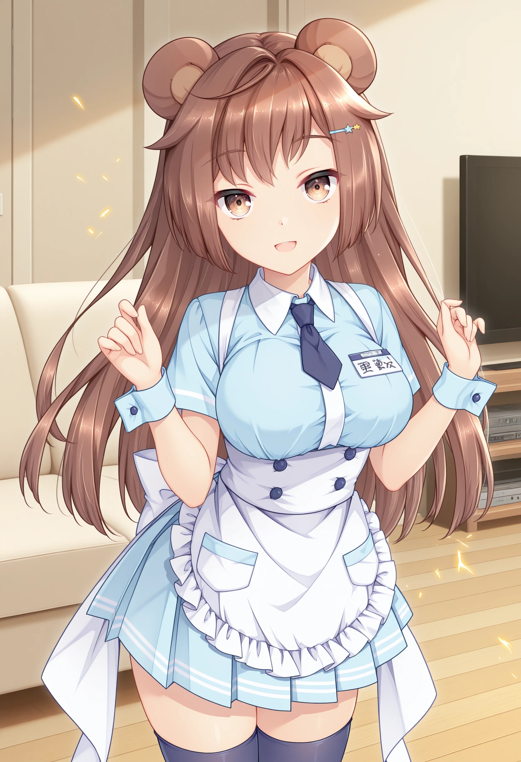 masterpiece, best quality, amazing quality, BREAK<lora:Puff:1> pifpuf, 1girl, brown hair,long hair, animal ears, bear ears, brown eyes, medium breasts,star hairclip,light blue shirt, white collar,name tag,dark blue necktie, waist apron, short sleeves, blue wrist cuffs, back bow, white bow, pleated skirt, light blue skirt, frills, hands up,smile,open mouth,indoors,sparks,shelves,sofa,tv,looking at viewer, dark blue thighhighs,zettai ryouiki