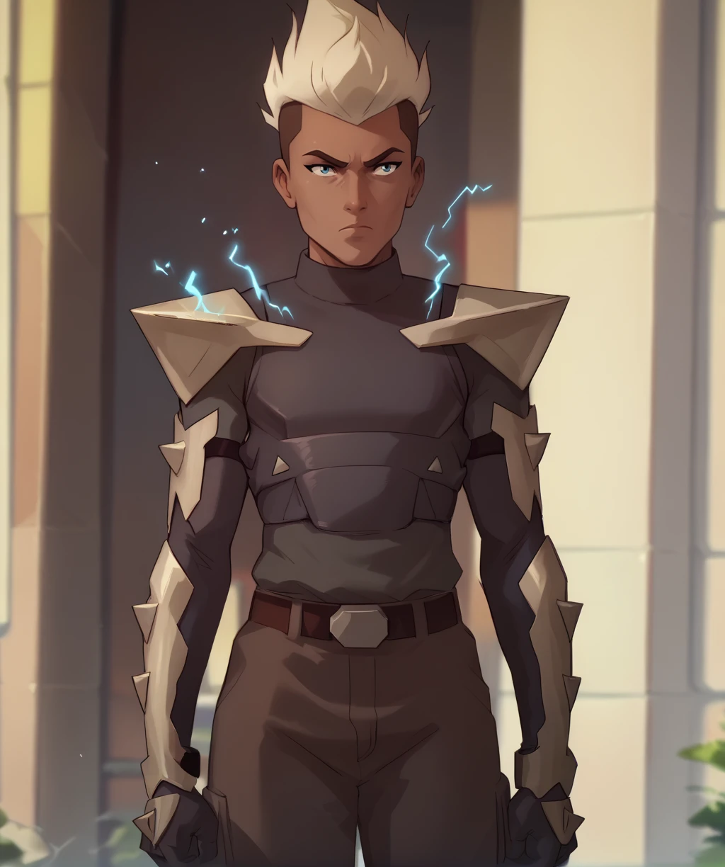 score_9, score_8_up, score_7_up, score_6_up,
lvewremasxl, two-tone hair, spiked hair, blue eyes,
gloves, shirt, armor, vest,
standing, serious,
metropolis, morning,
electricity,
<lora:LivewireMAS:1>,