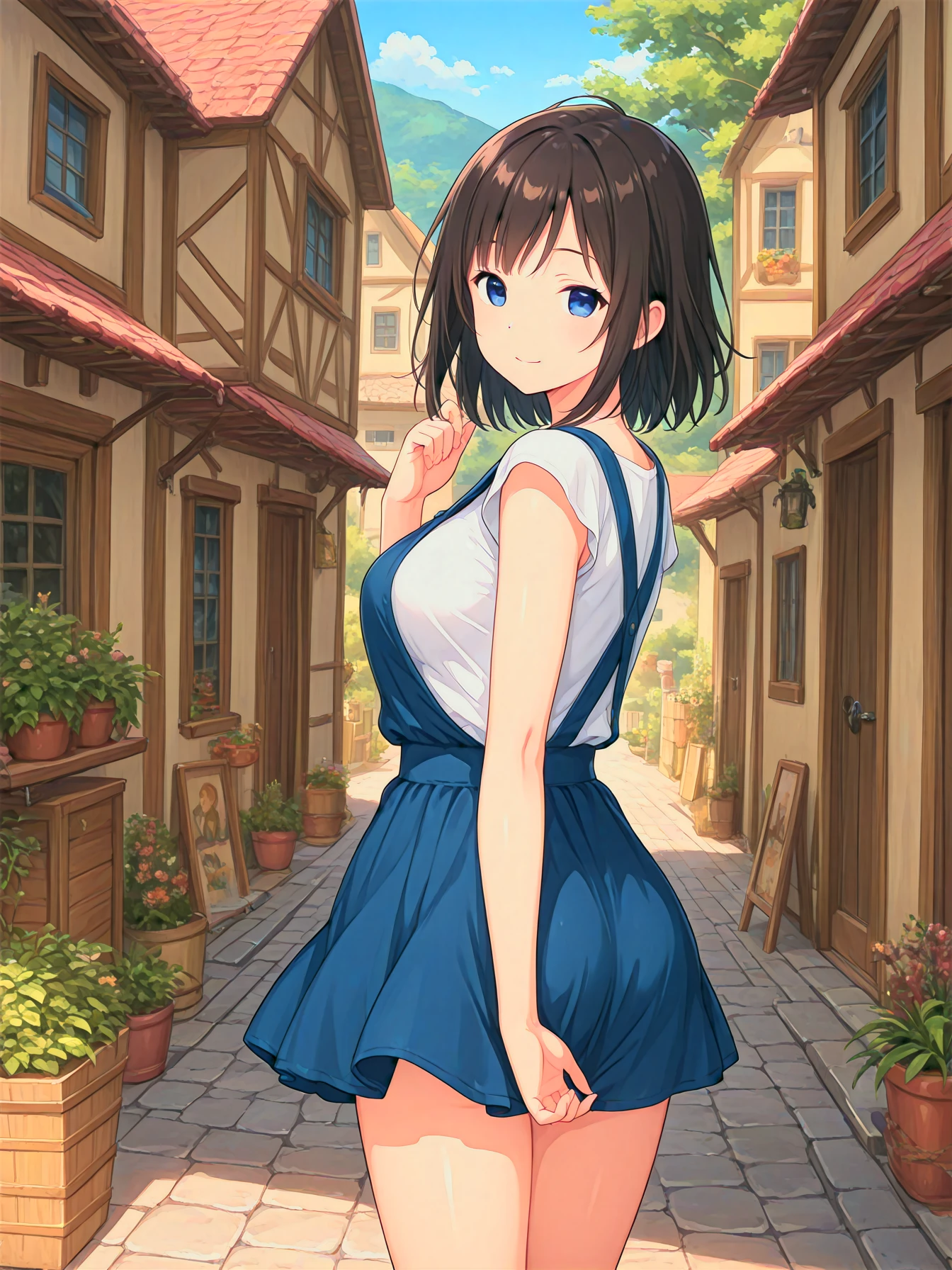 A girl in the village, daytime, thigh-up shot, tachi-e