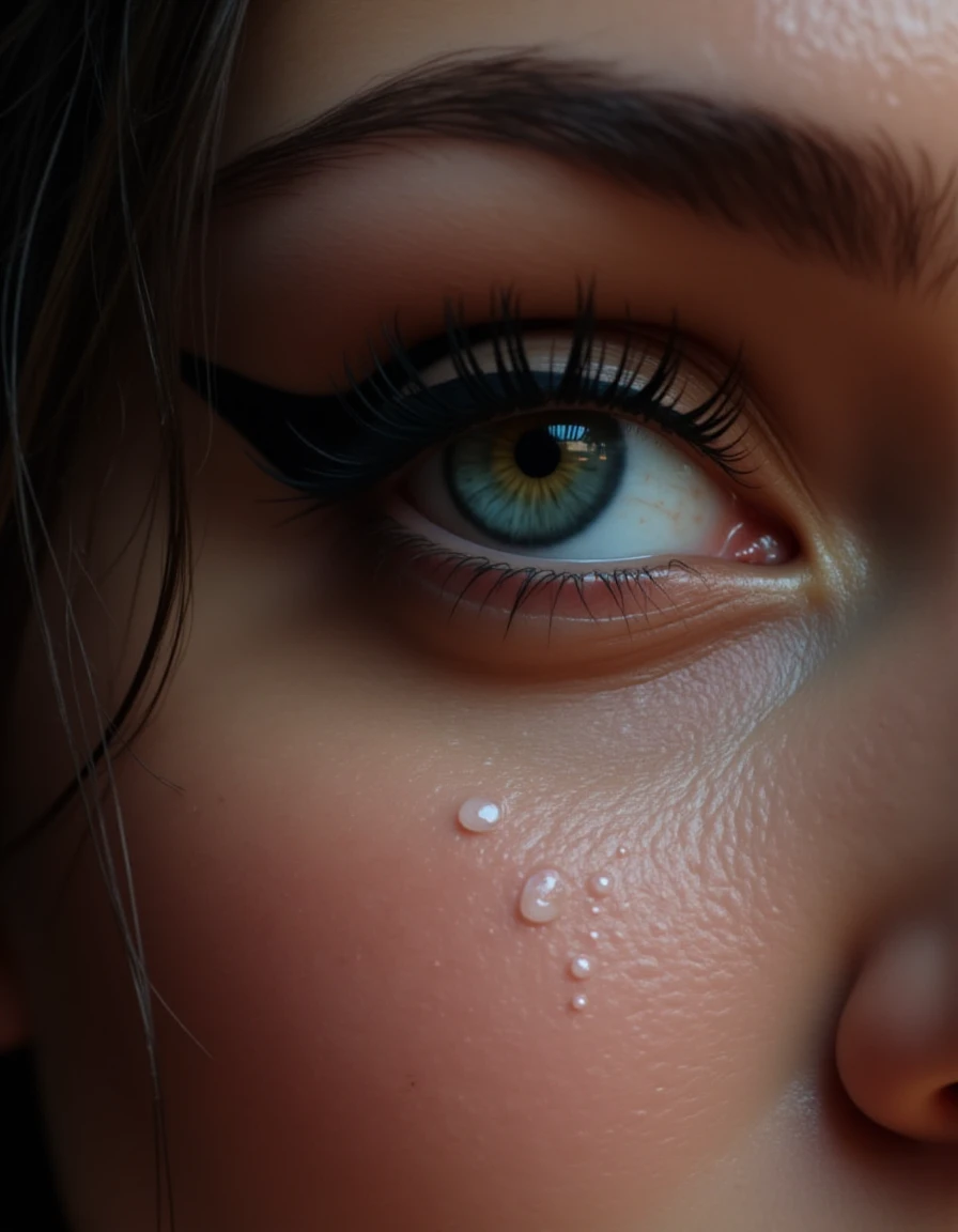 A cinematic close-up of a woman's eye with striking makeup, the lighting is dramatic and high-contrast, revealing glistening details of water droplets. side view, Hyper-realistic, highly detailed, 4K, HDR