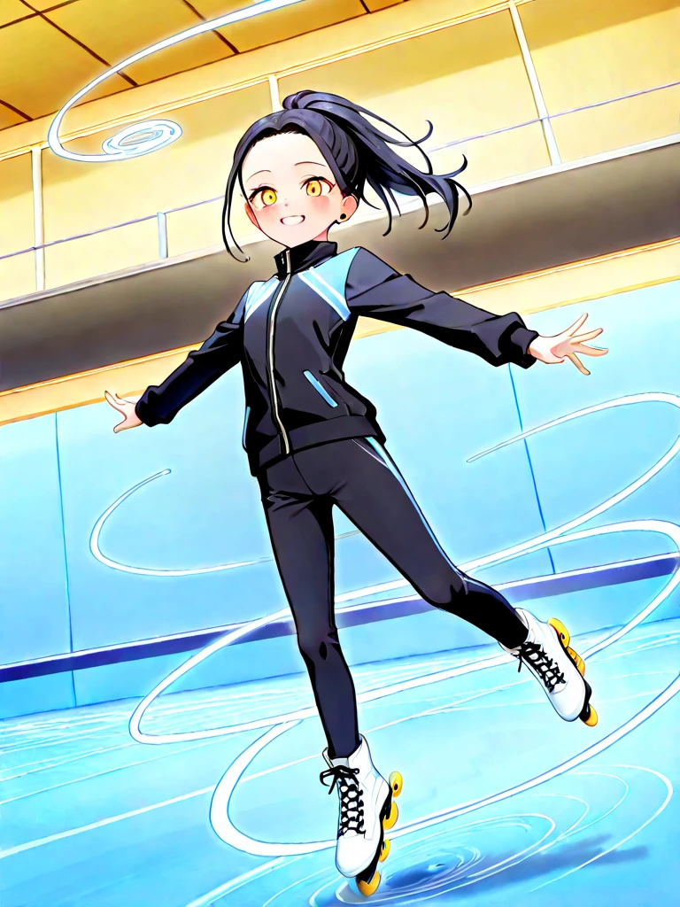 aged down, petite, kamisaki hikaru, cute, 1girl, smile, blush, yellow eyes, forehead, ponytail, black hair, long hair, black jacket, high collar, flat chest, stud earrings, skates, skinny, skating rink, from below, full body, outstretched legs, (((midair))), (((falling))), (((spinning trail))), <lora:YodakaJun&KamisakiHikaru(Medalist)_ilxl:1>