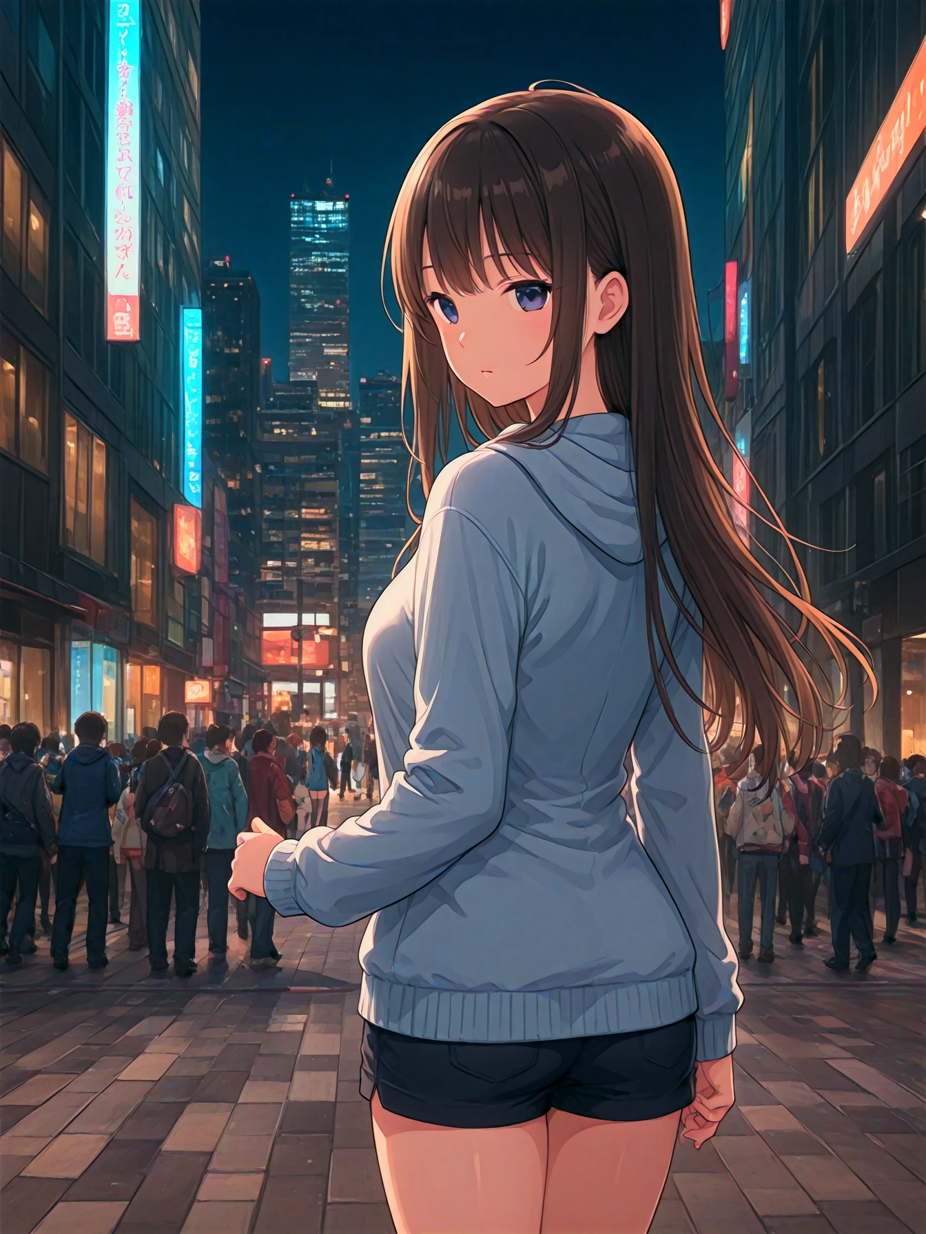 A girl in the city, night, thigh-up shot, tachi-e <lora:LECO_Pose:2>