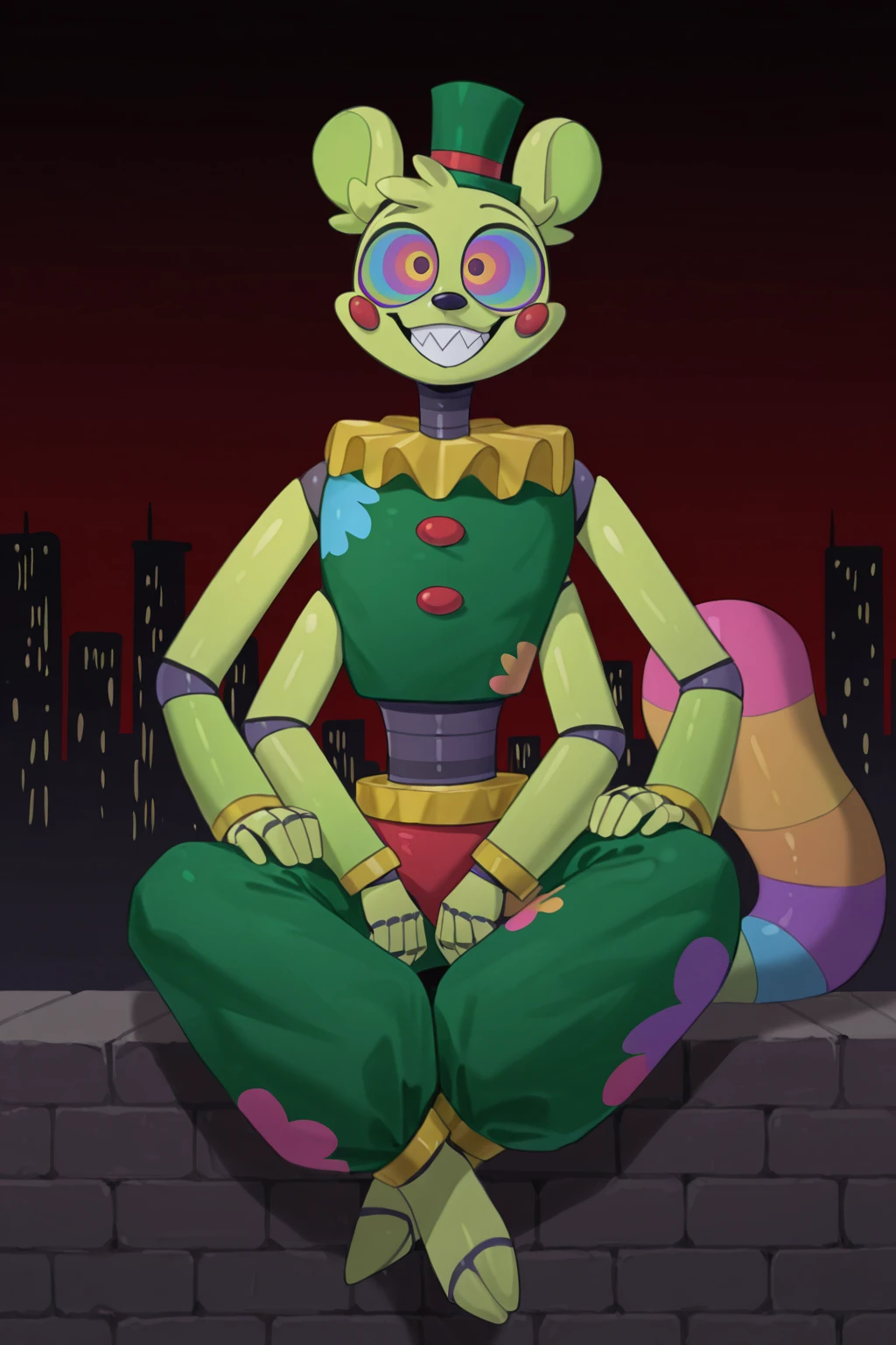 intricate, best quality, masterpiece, highres, newest, absurdres, r1b_wtdw, furry, robot, animatronic, multicolored tail, extra arms, multicolored eyes, sitting on brick wall, ((cityscape)),
BREAK
dark background, red background, dynamic background, <lora:Ribbon_dancer_IL:1>