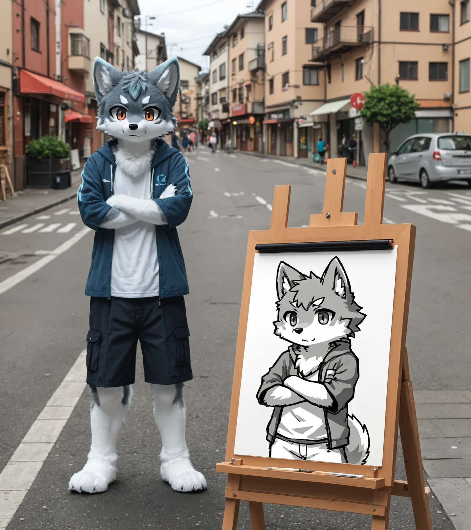 Comparison old and new,
anime [:fursuit kemono:0.4] wolf on drawing board,
out_of_frame,
outdoors,real background,street,front_view,full_body,  
[:clothed:0.4]
,solo,stand, crossed_arms, cute