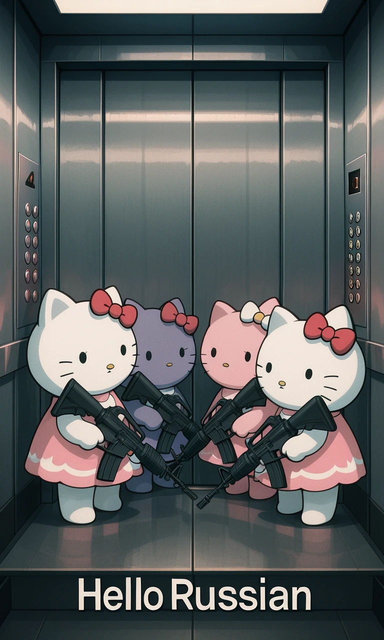 embedding:IllusP0s, no russian, elevator, holding weapon, assault rifle, 4girls, hello kitty, no humans,<lora:no russian_illustrious.safetensors:1.0:1.0>