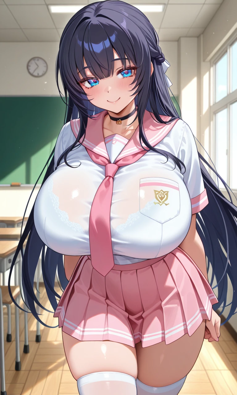 ((masterpiece, Highest quality, 4K)), 1 girl, Cowboy Shot, Huge breasts, Grey Eyes, Long black hair, Improve, Place your hands behind your back, manga, pink micro skirt, chromatic aberration, Detail View, Seductive pose, Leaning forward, A light smile, Cleavage, Tie top, Pink bow tie, indoor, Pink Flower, Thick lips, Pink Bedroom Background, plant, window, Particles of light, (Cute Face), Thick thighs, Realistic,