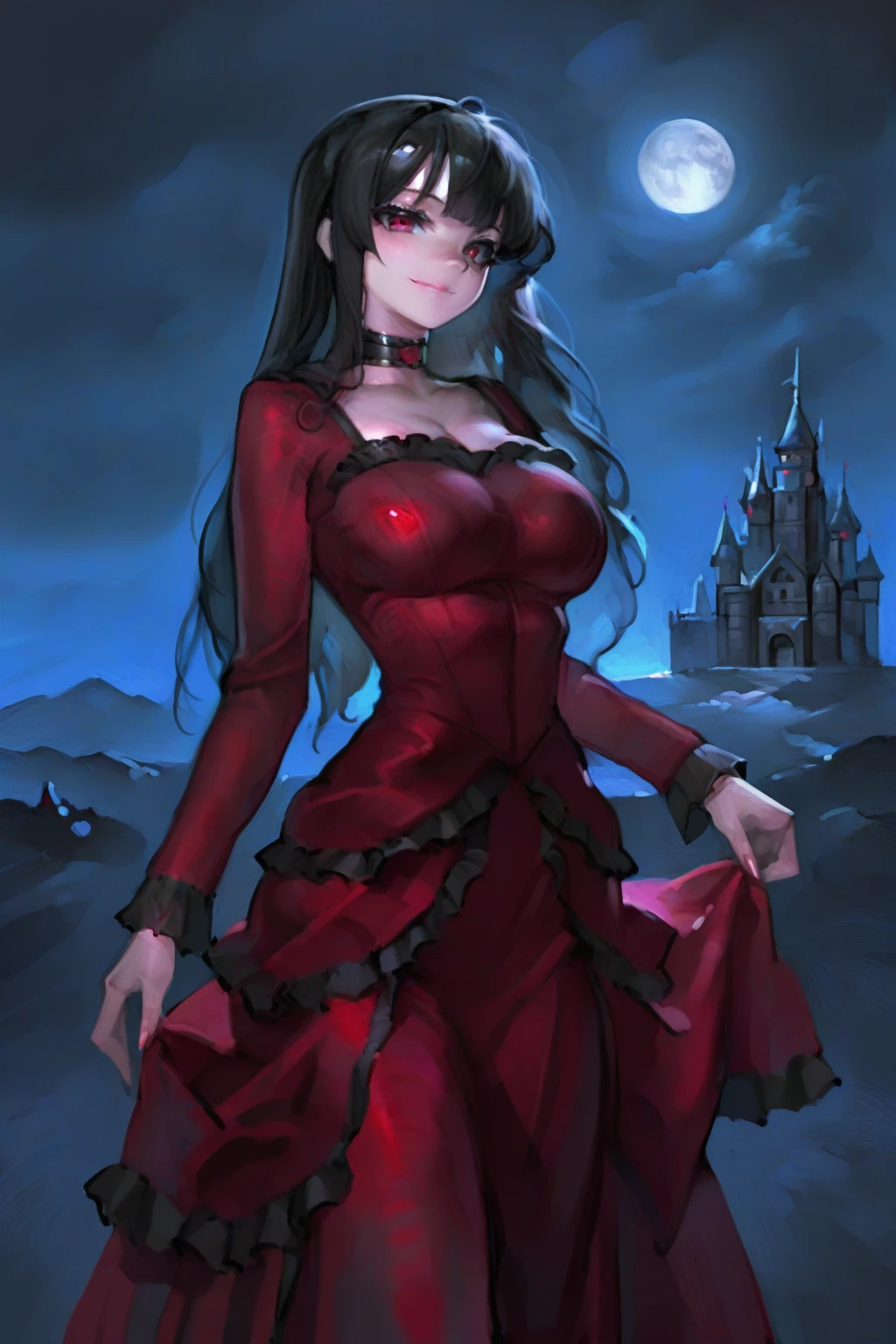 high quality, extremely detailed, perfect face,  <lora:CarmillaCOTM:.8> Carmilla, (red latex dress, red latex gloves, huge pink latex skirt, extremely glossy), white frills, pink headband, long brown hair, large breasts, seductive smirk, haunted castle background, night time