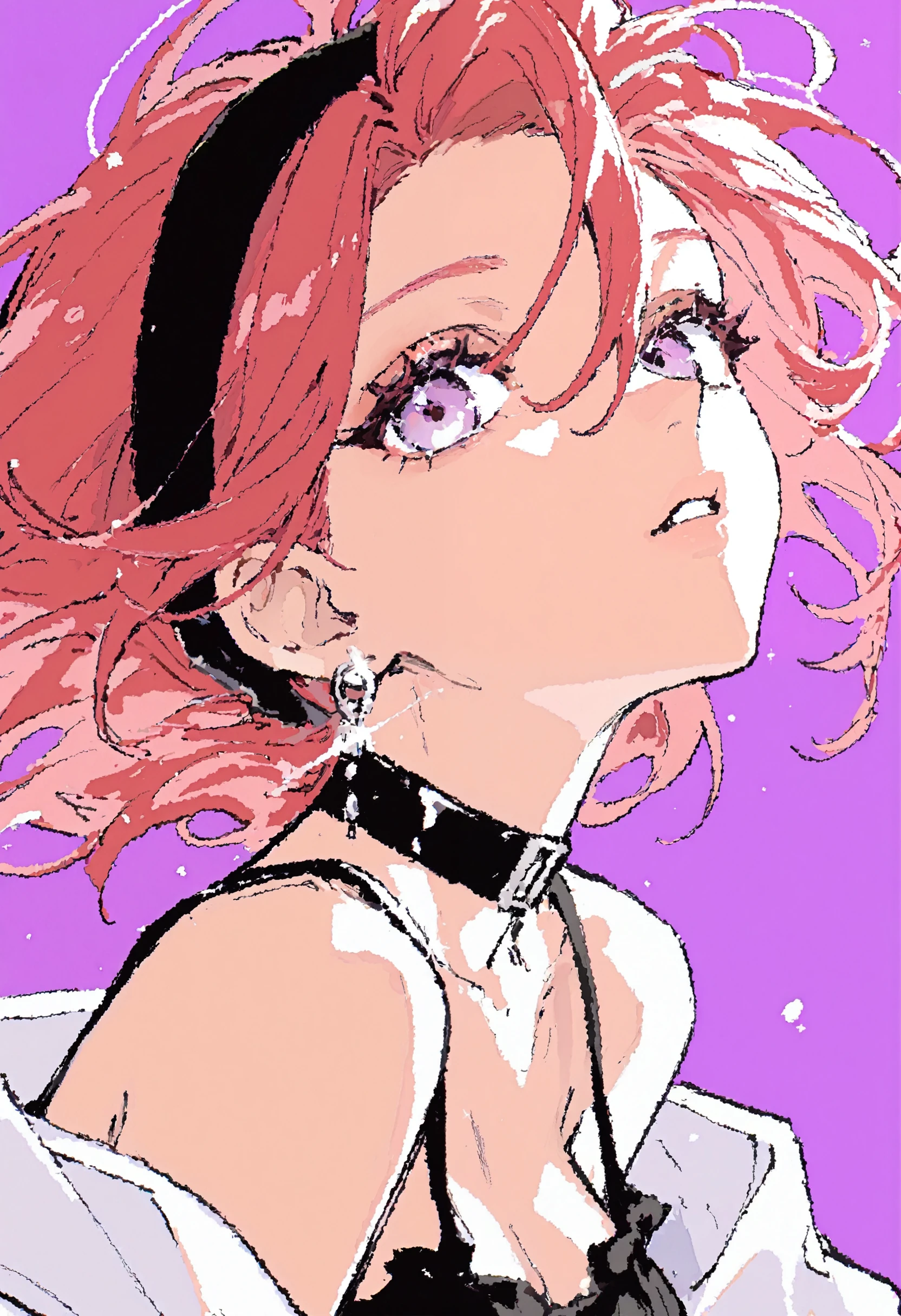 <lora:546L5rKh5LqL-illustriousXL_v01_V2-CAME>, 546L, 1girl, solo, choker, purple eyes, red hair, earrings, purple background, jewelry, parted lips, floating hair, hairband, black choker, hair between eyes, upper body, bare shoulders, looking at viewer, black hairband, breasts, off shoulder, black camisole, jacket, glint, from side, camisole, medium breasts, white jacket, virtual youtuber, tank top