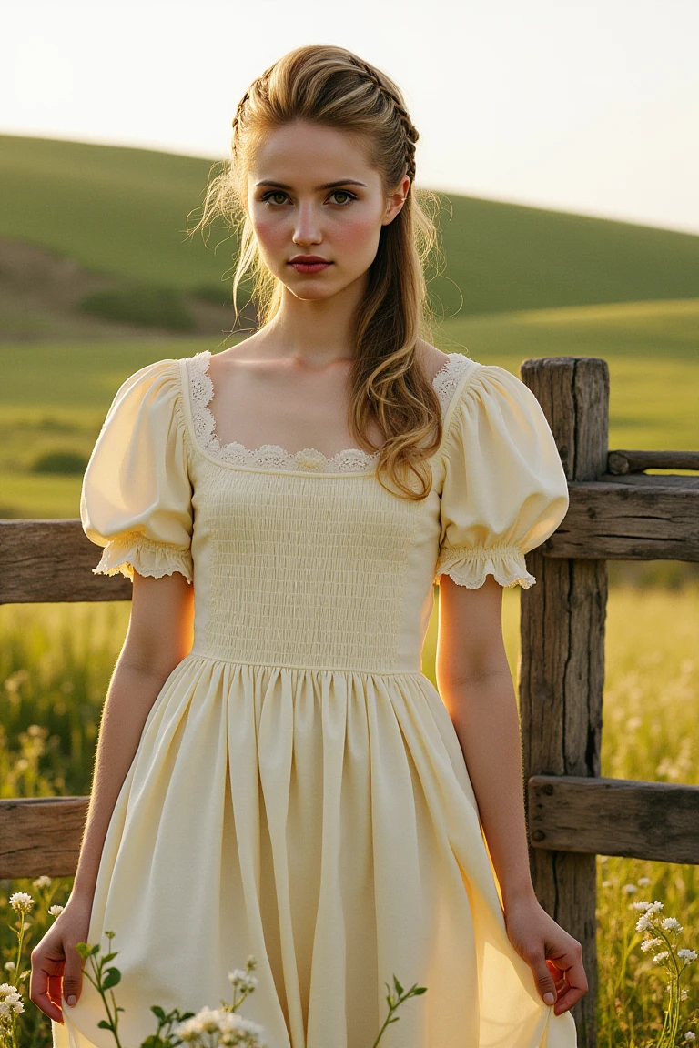 A 4-year-old blonde Caucasian girl standing from behind in a sunflower field。Her face is not visible. There are lots of sunflowers. The sunflowers are taller than the girl. The girl is wearing a long white dress with puff sleeves. The sky is blue.