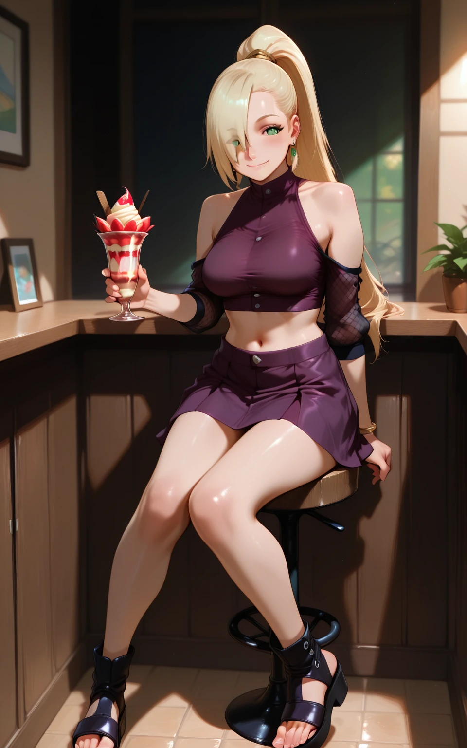 ilinoyamanaka, 1girl, hair over one eye, solo, blonde hair, breasts, long hair, sitting, navel, ponytail, smile, parfait, stool, midriff, ice cream, skirt, looking at viewer, crop top, holding, green eyes, fishnets, full body, sandals, jewelry, large breasts, toeless footwear, earrings, bare shoulders, food<lora:illustrious- Ino Yamanaka-768X1152:1>