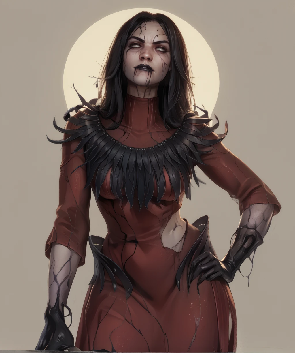 score_9, score_8_up, score_7_up, score_6_up, score_5_up, score_4_up,
theartistxl, long hair, white eyes, facial mark, black lipstick,
red dress, black fur trim, from below, leaning forward, serious,
looking at viewer,
standing,
night, yellow sky, dryland,
<lora:theArtistxl:0.9>,